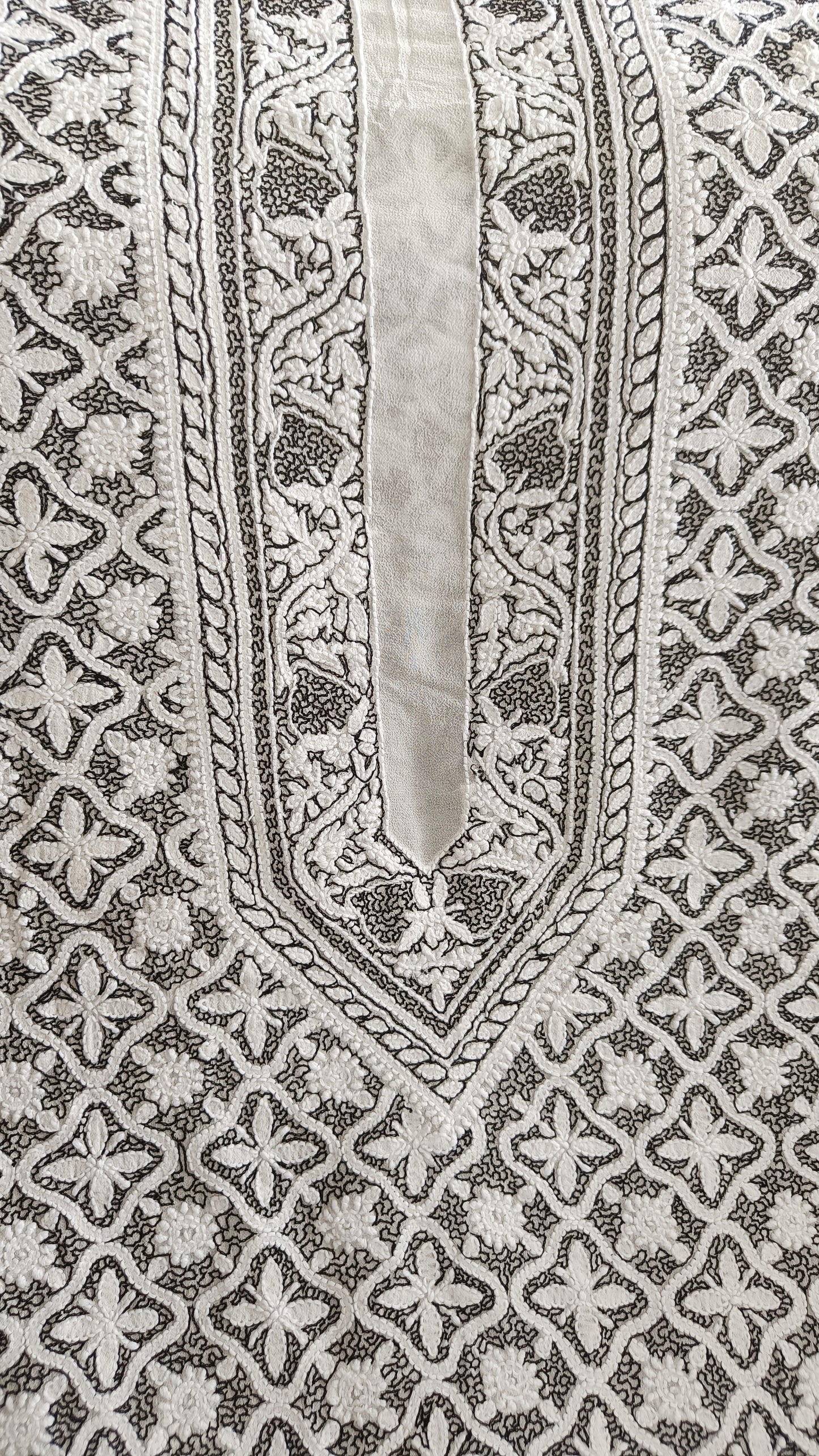 White Chikankari Men's Kurta with Allover Black Aari Embroidery