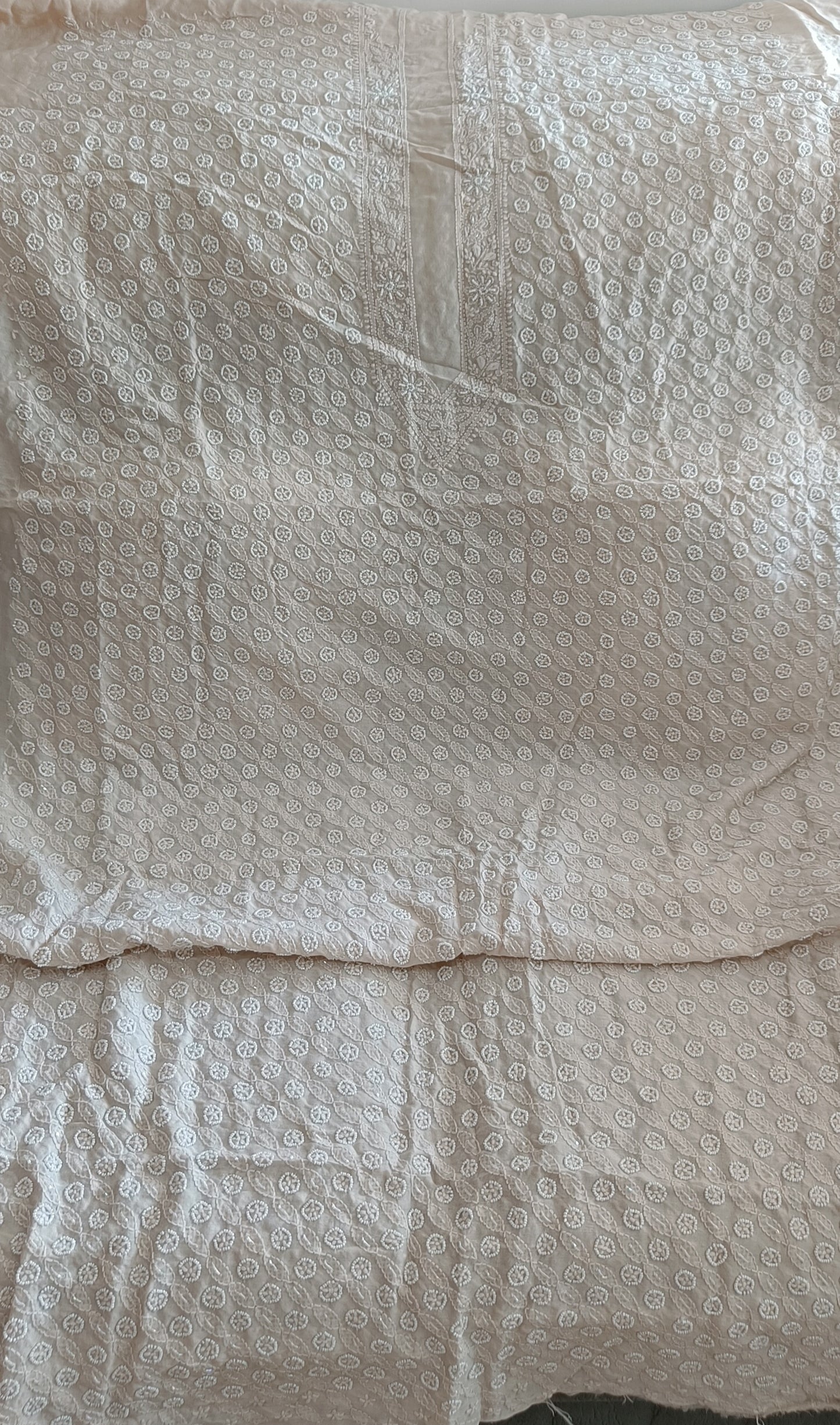 Beige Chanderi Silk Chikankari Kurta Fabric with cut dana and pearl work
