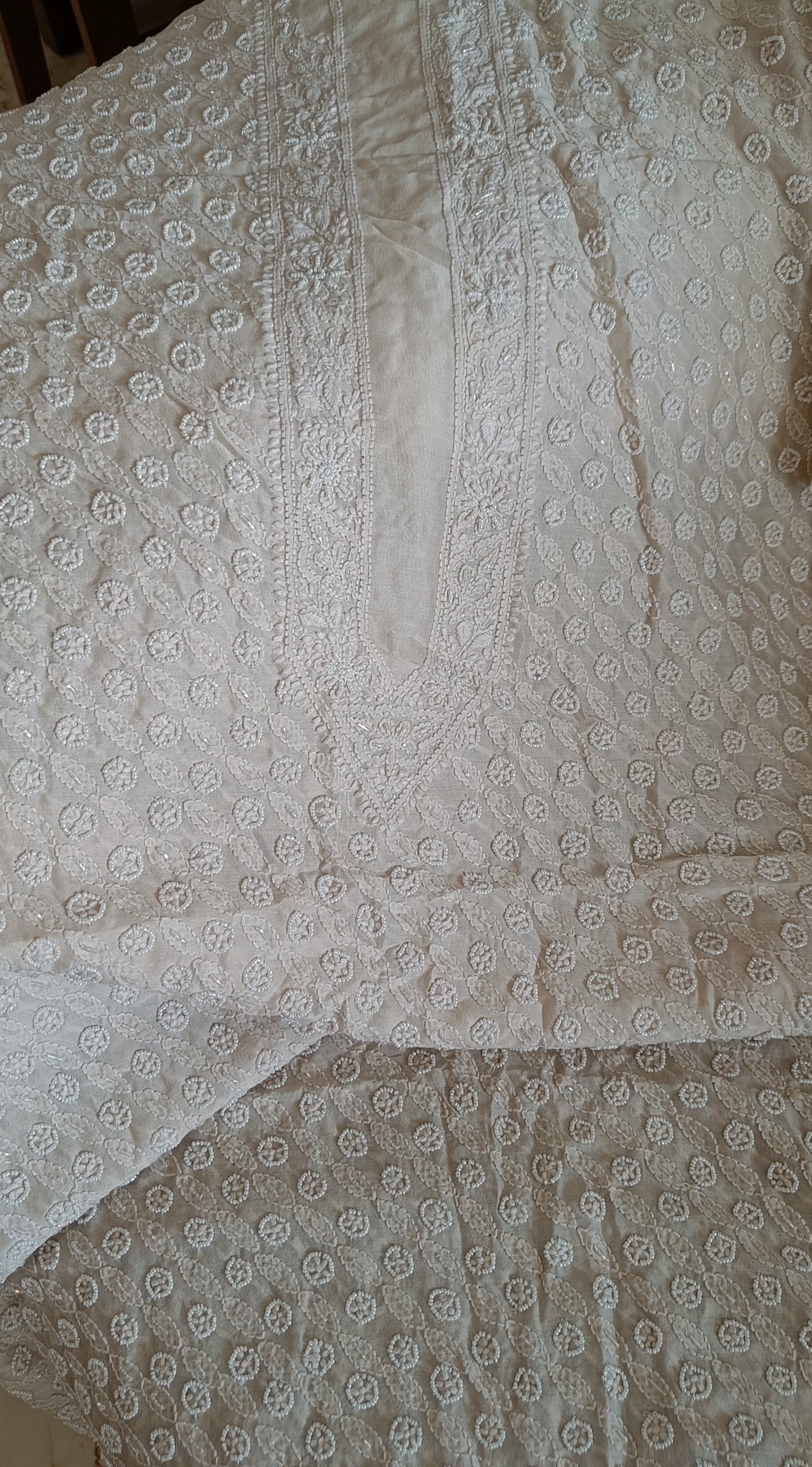 Beige Chanderi Silk Chikankari Kurta Fabric with cut dana and pearl work
