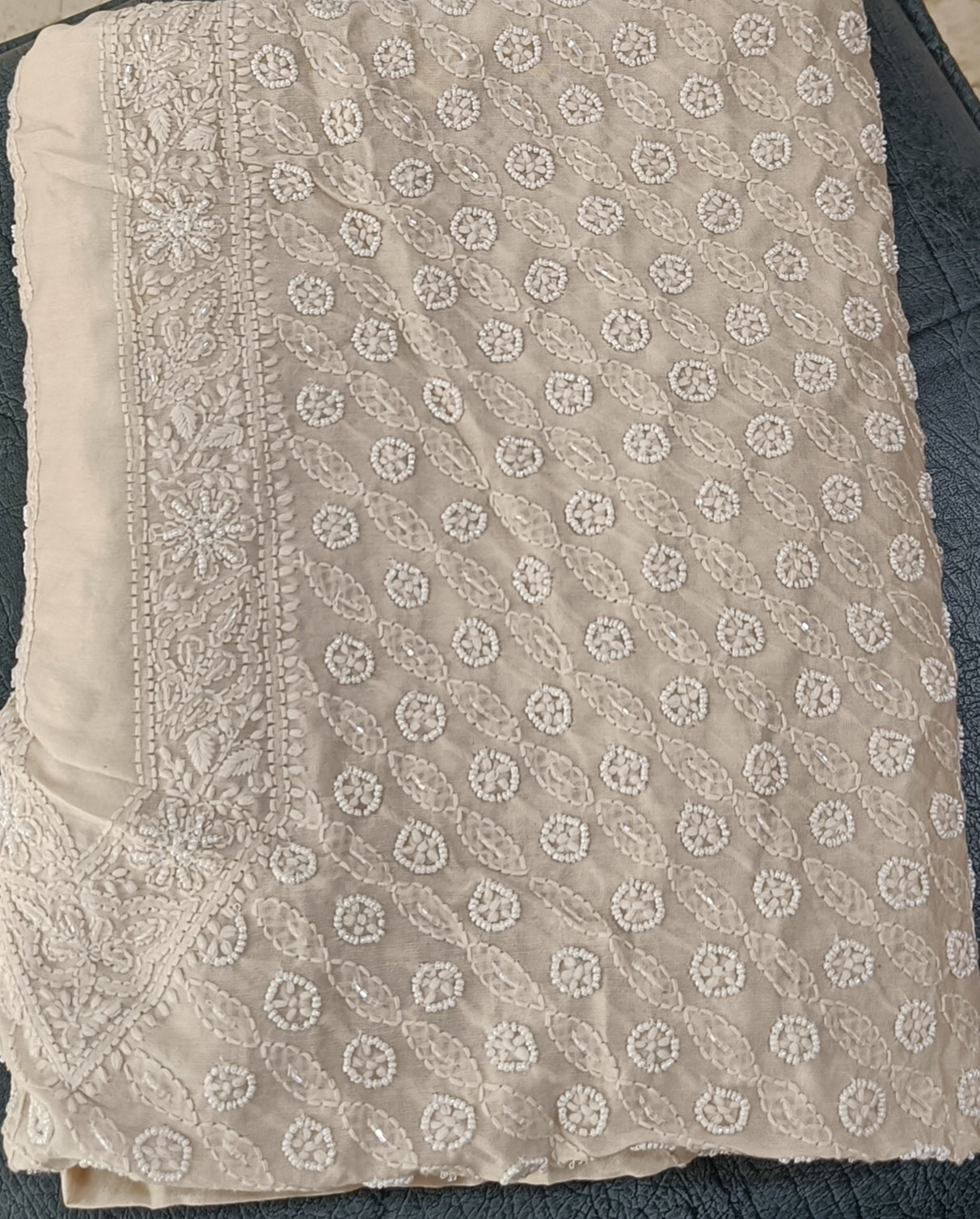 Beige Chanderi Silk Chikankari Kurta Fabric with cut dana and pearl work