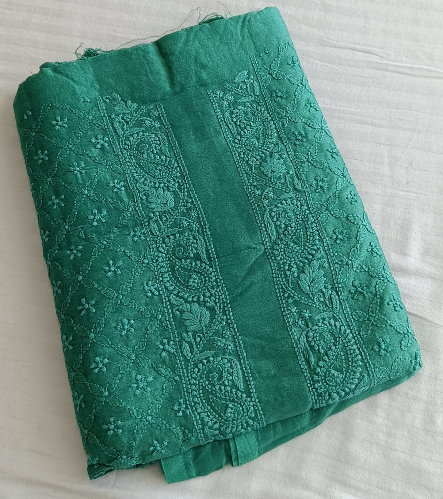 Emerald Green Chanderi Silk Men's Kurta fabric with fine Chikankari
