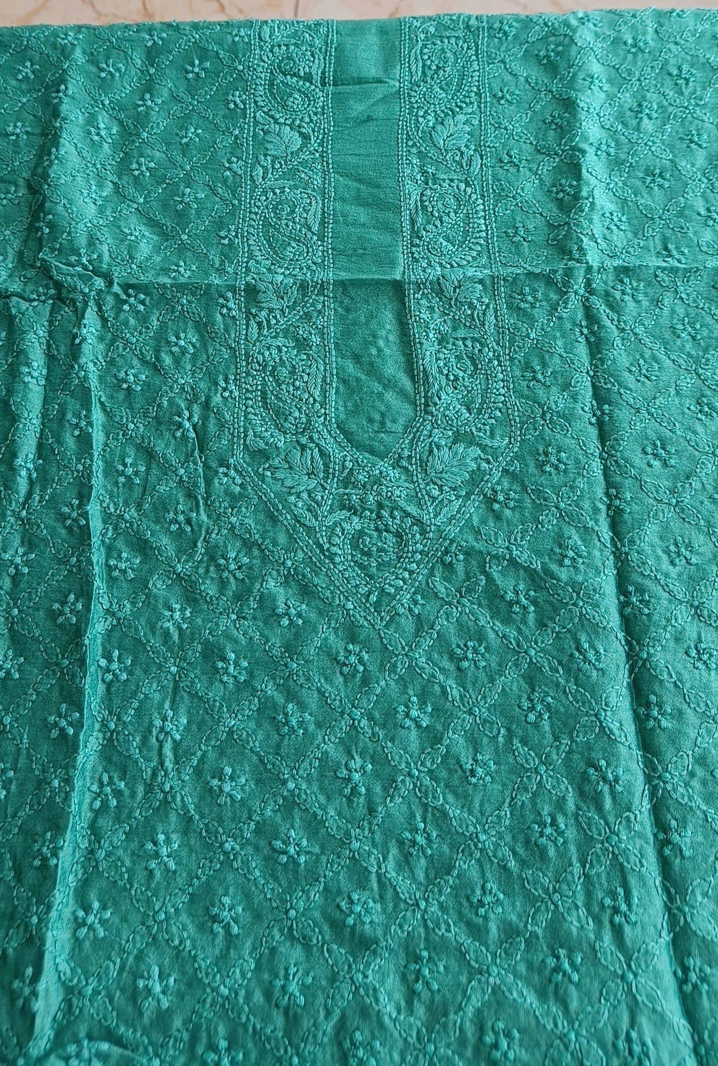 Emerald Green Chanderi Silk Men's Kurta fabric with fine Chikankari