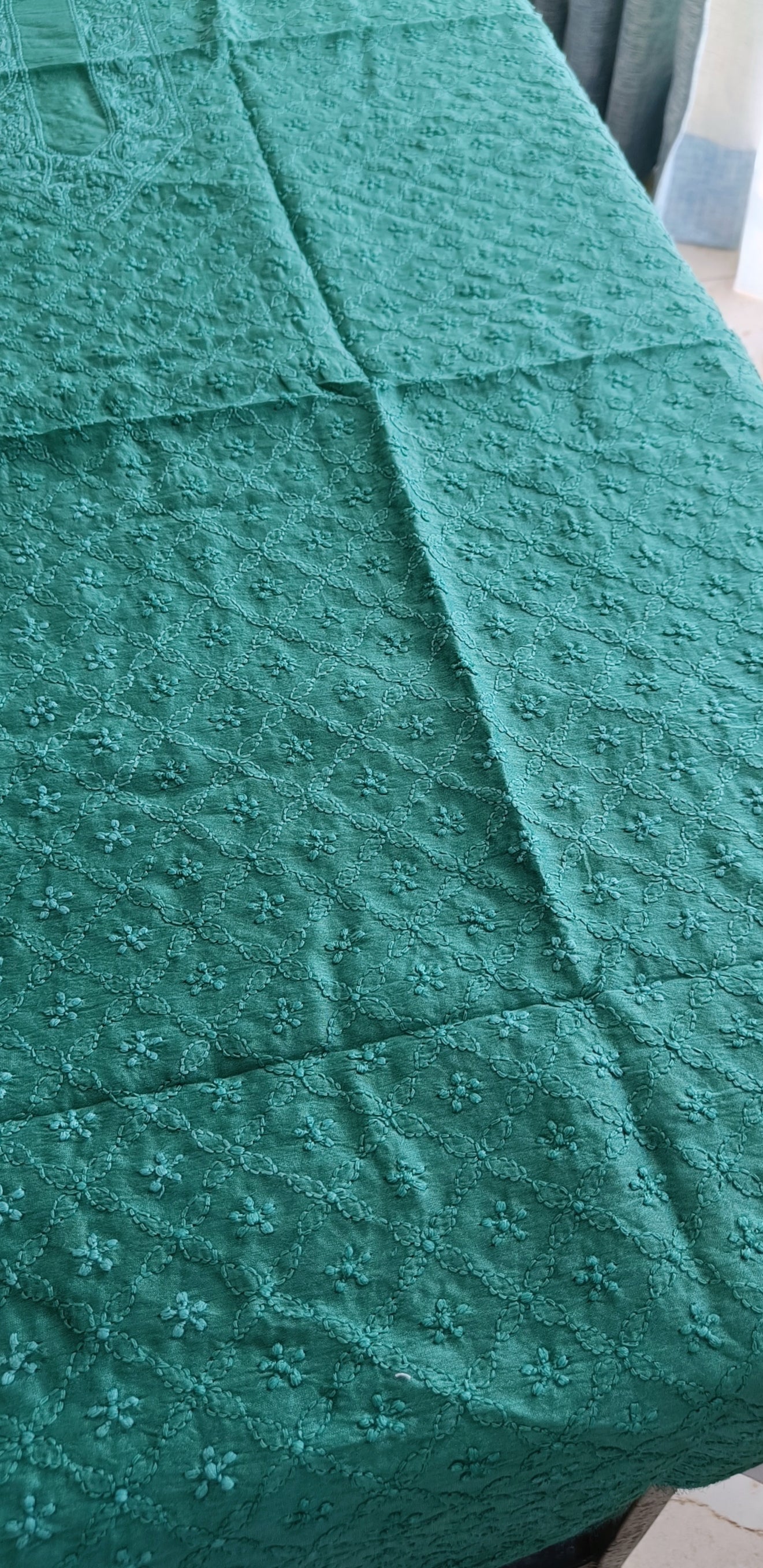 Emerald Green Chanderi Silk Men's Kurta fabric with fine Chikankari