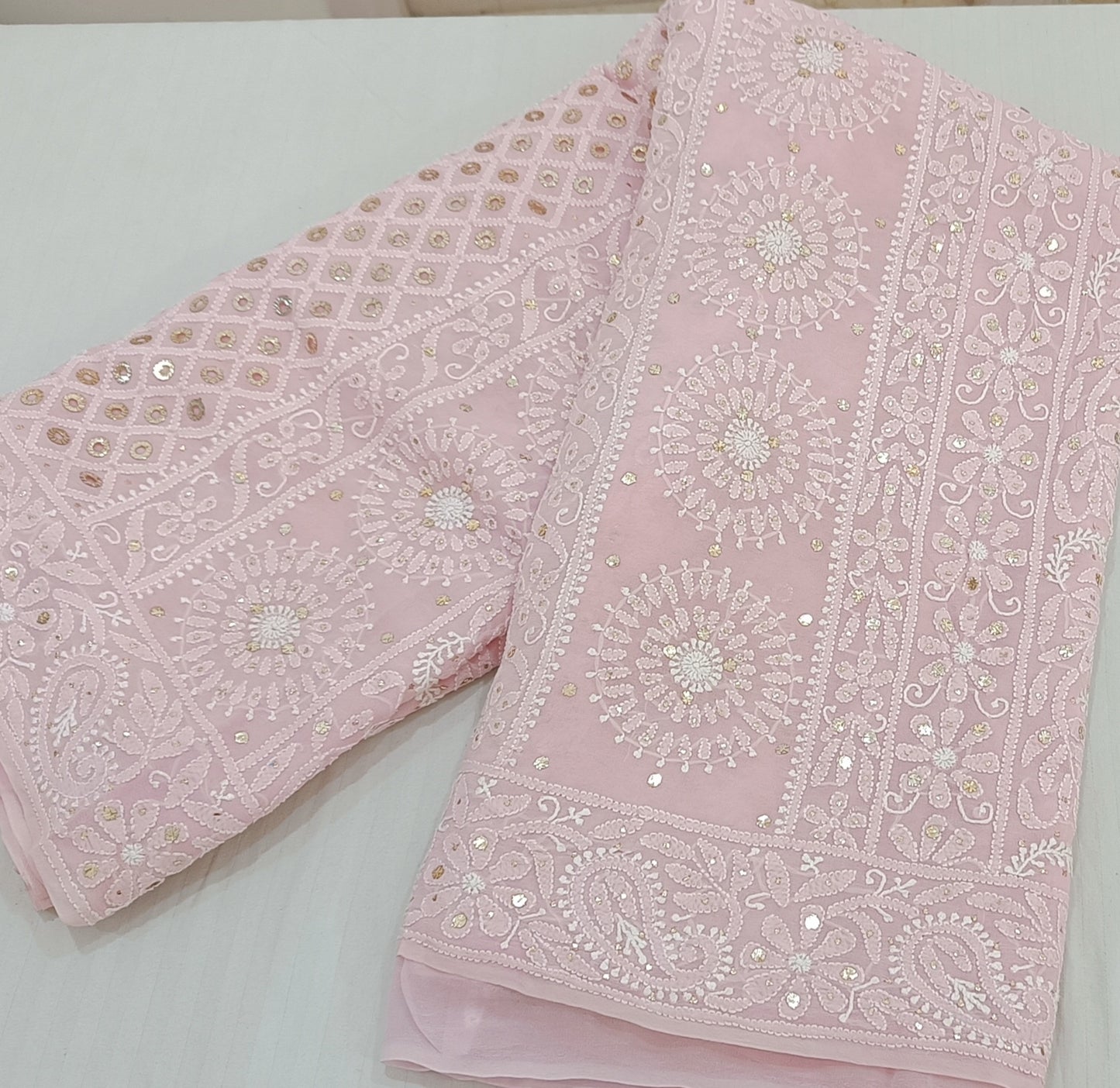 Pink Ruhani allover Chikankari and Heavy Ring Mukaish Saree