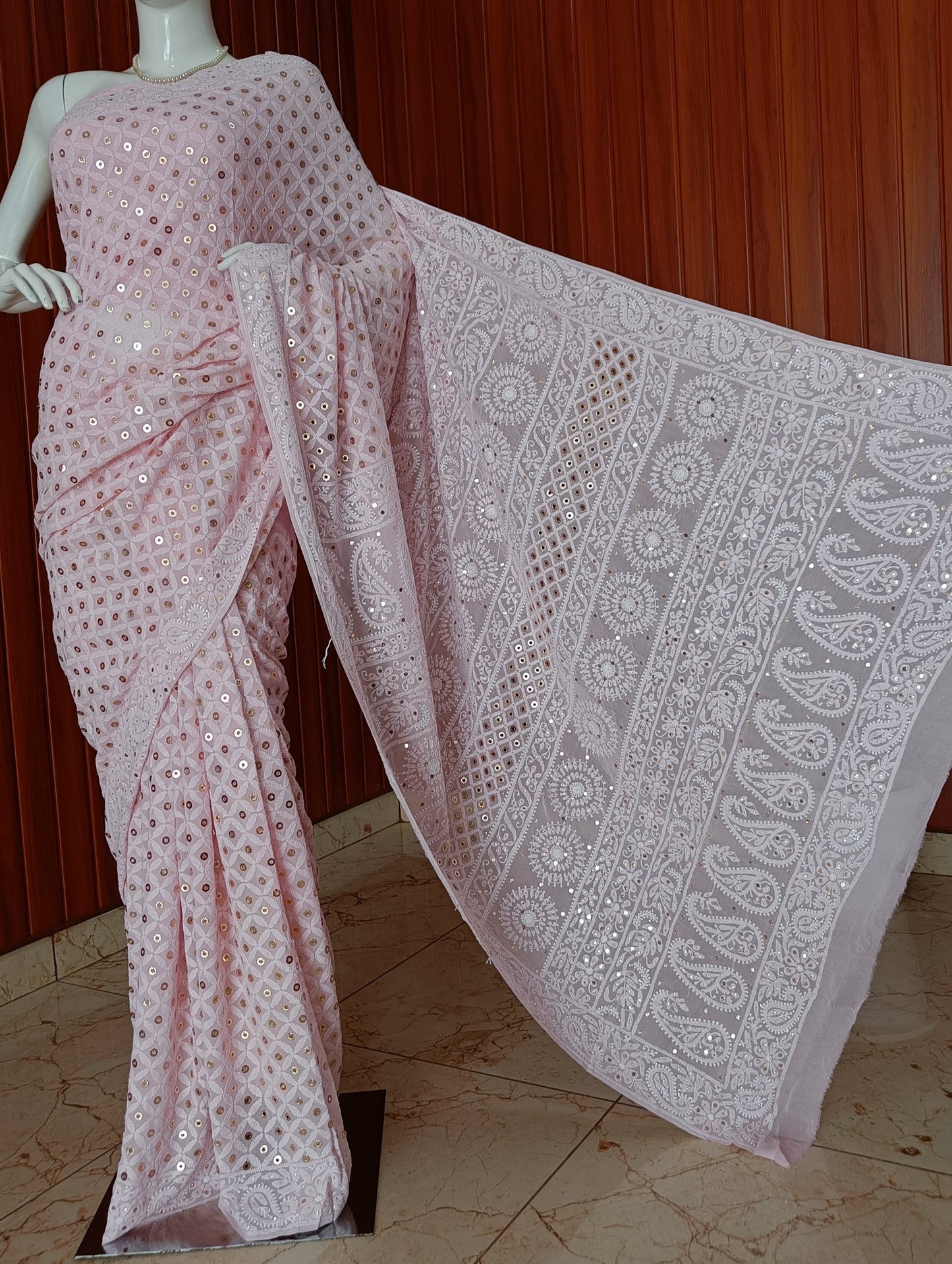 Pink Ruhani allover Chikankari and Heavy Ring Mukaish Saree