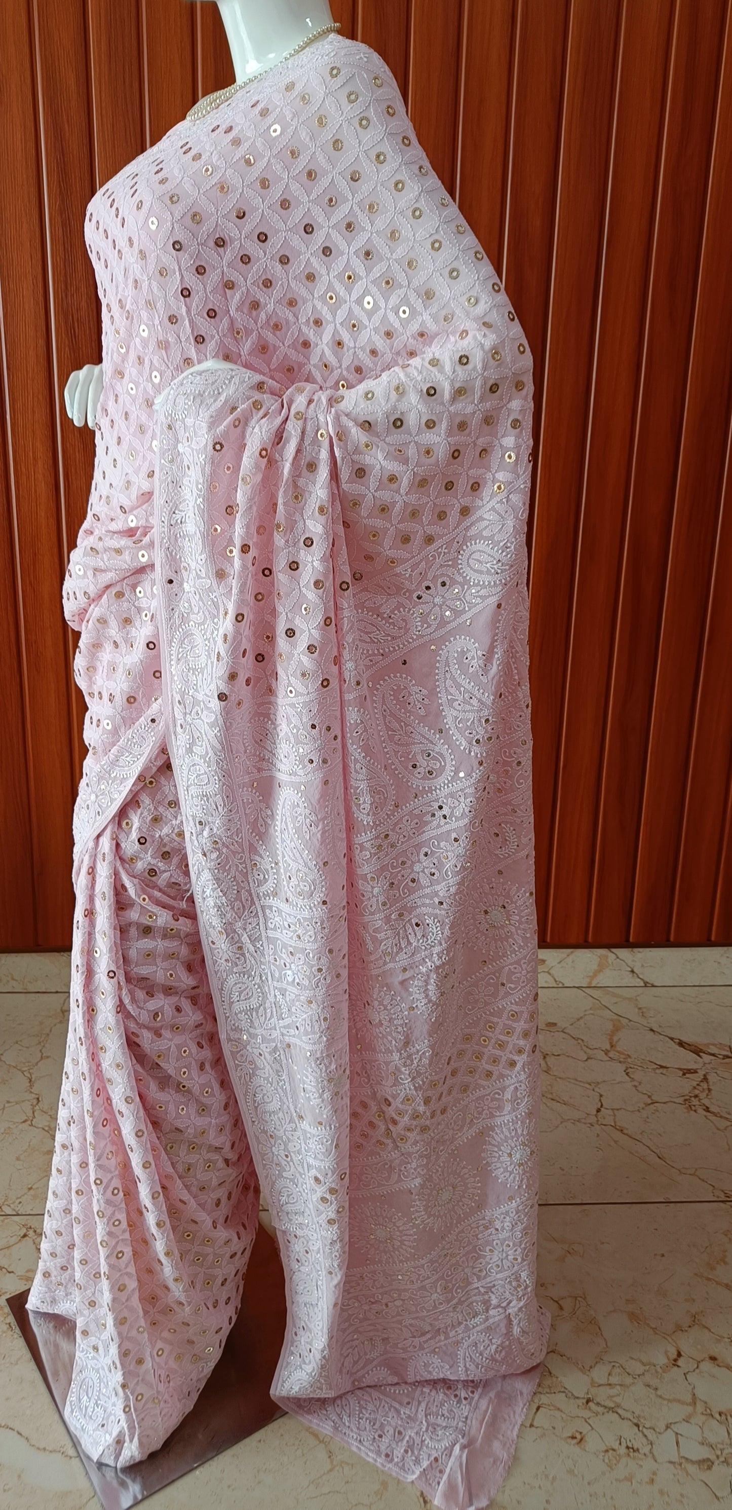 Pink Ruhani allover Chikankari and Heavy Ring Mukaish Saree
