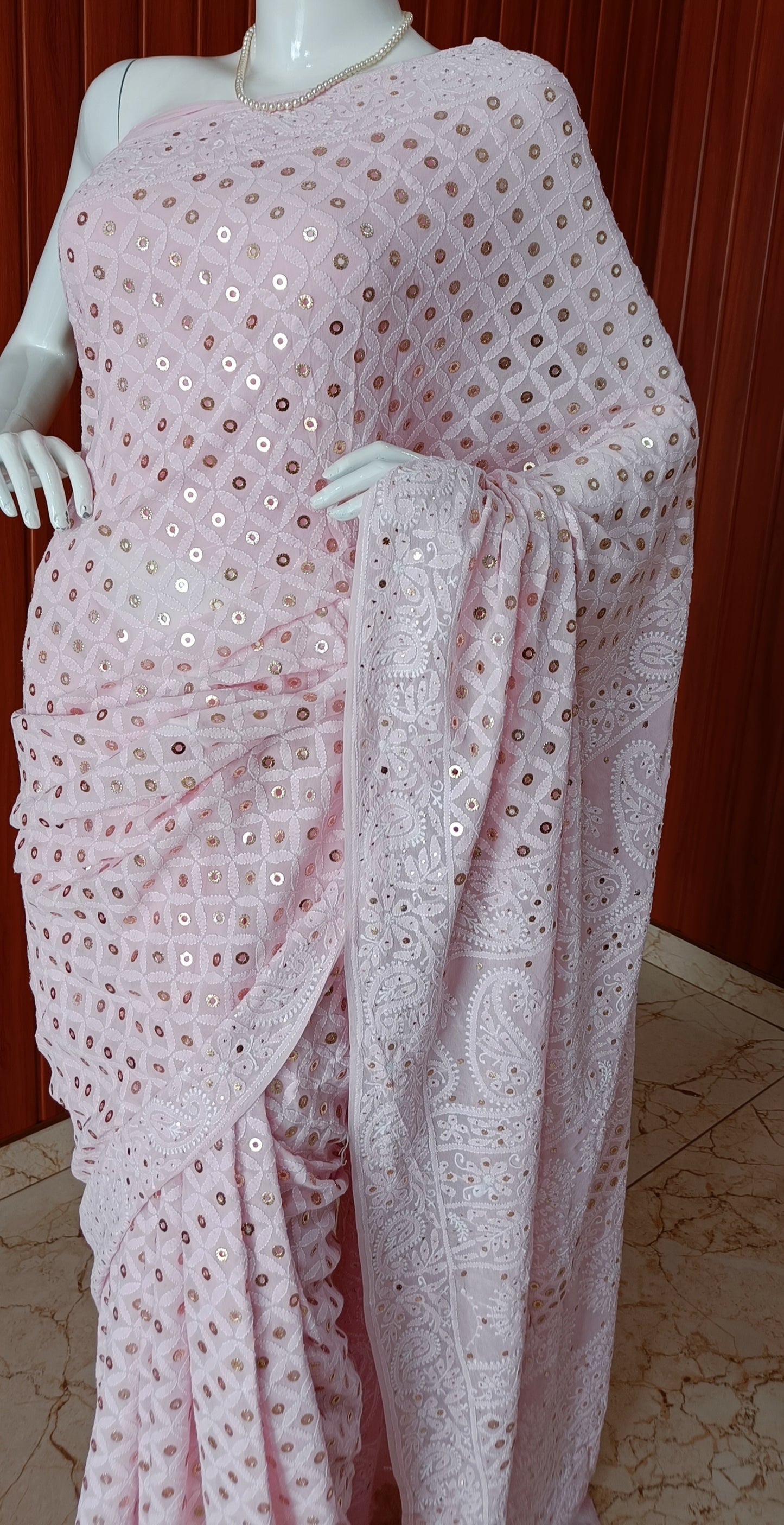 Pink Ruhani allover Chikankari and Heavy Ring Mukaish Saree