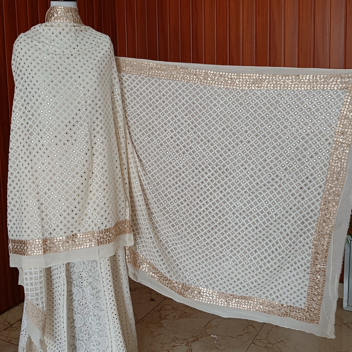 Ruhani Chikankari and mukaish dupatta with heavy gota border