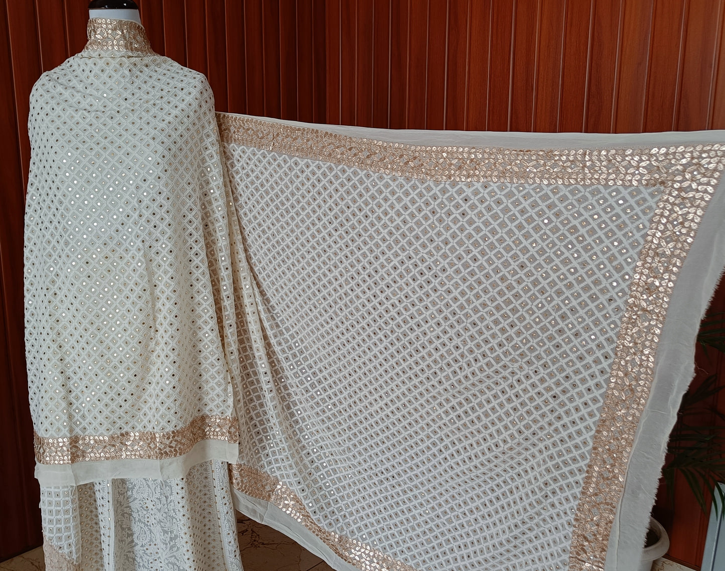 Ruhani Chikankari and mukaish dupatta with heavy gota border