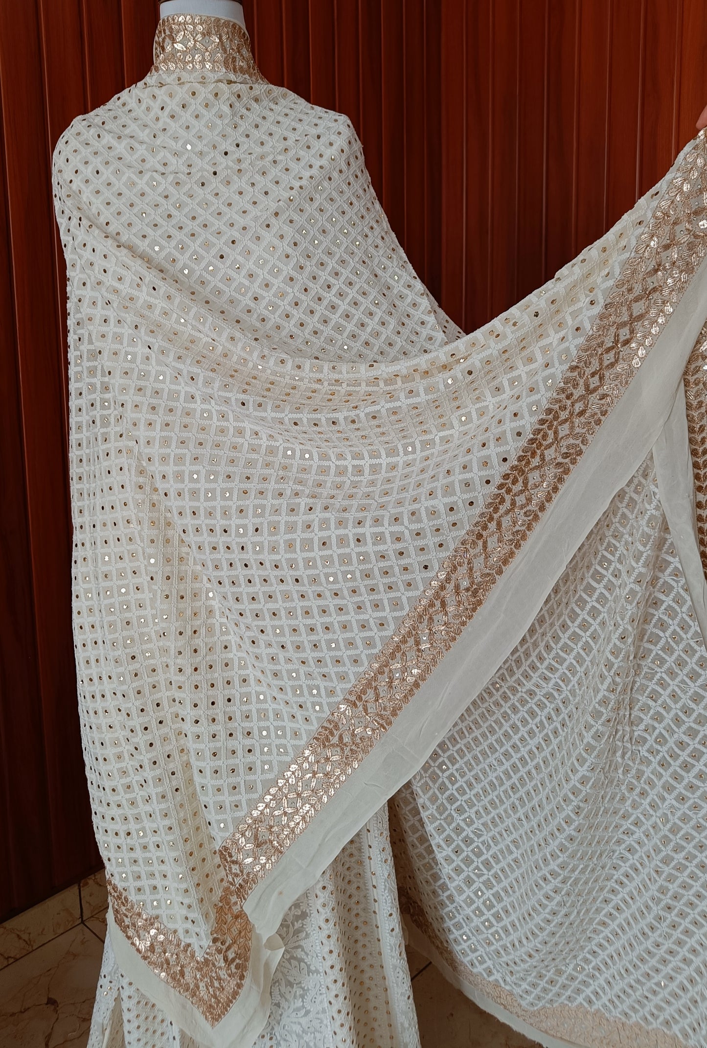 Ruhani Chikankari and mukaish dupatta with heavy gota border