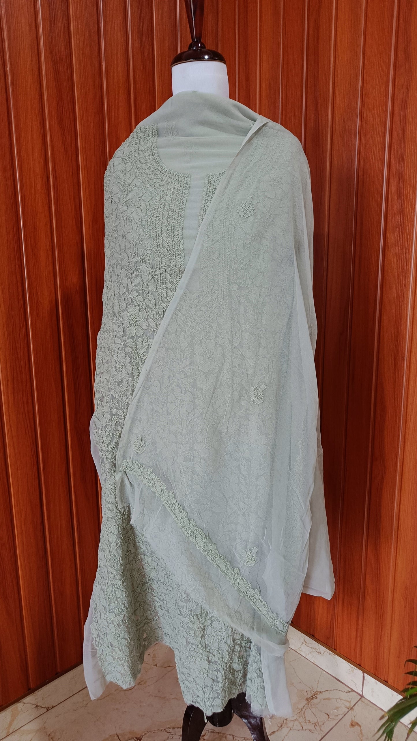 Olive Green fine Chikankari semi georgette full suit