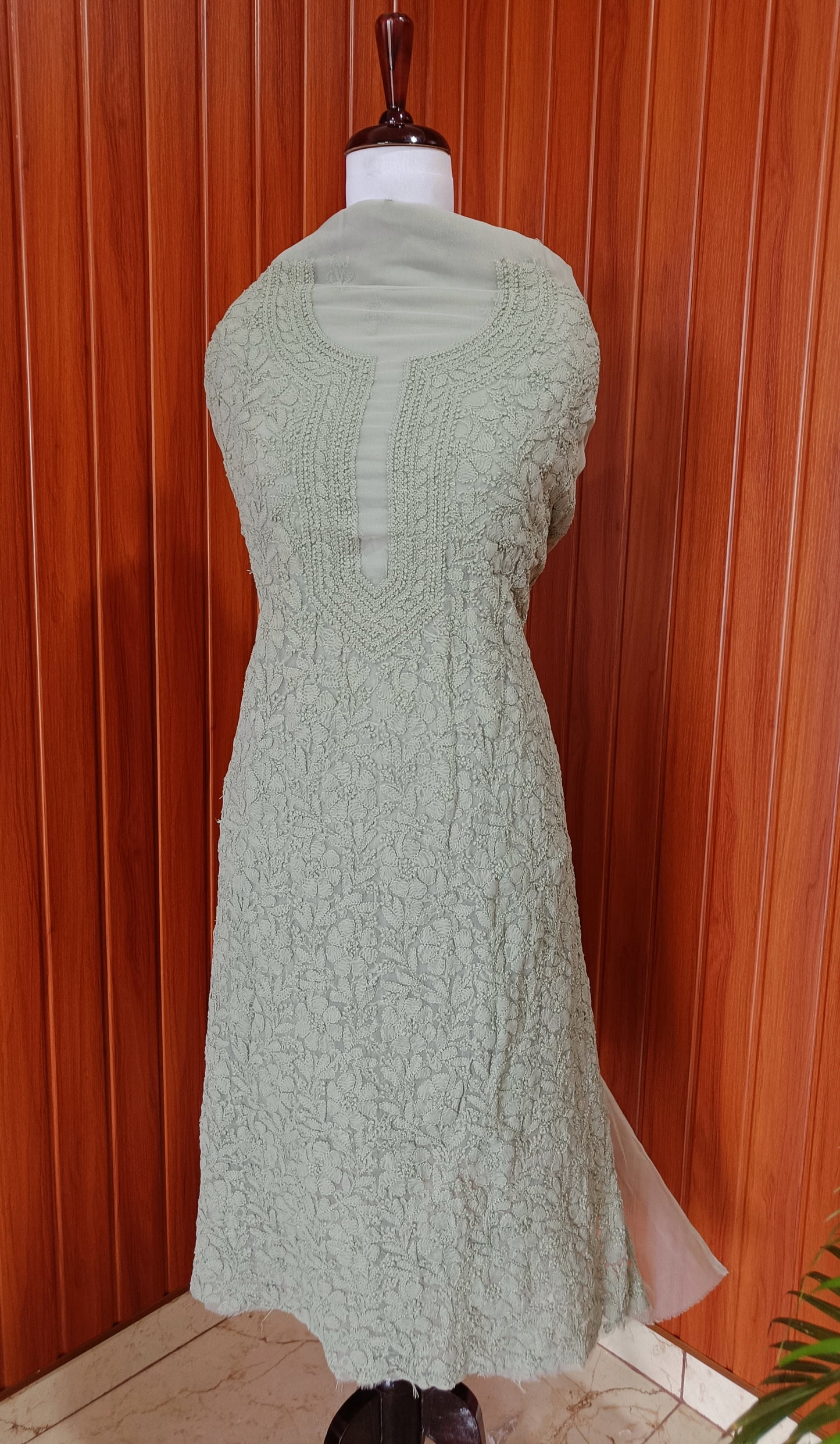 Olive Green fine Chikankari semi georgette full suit