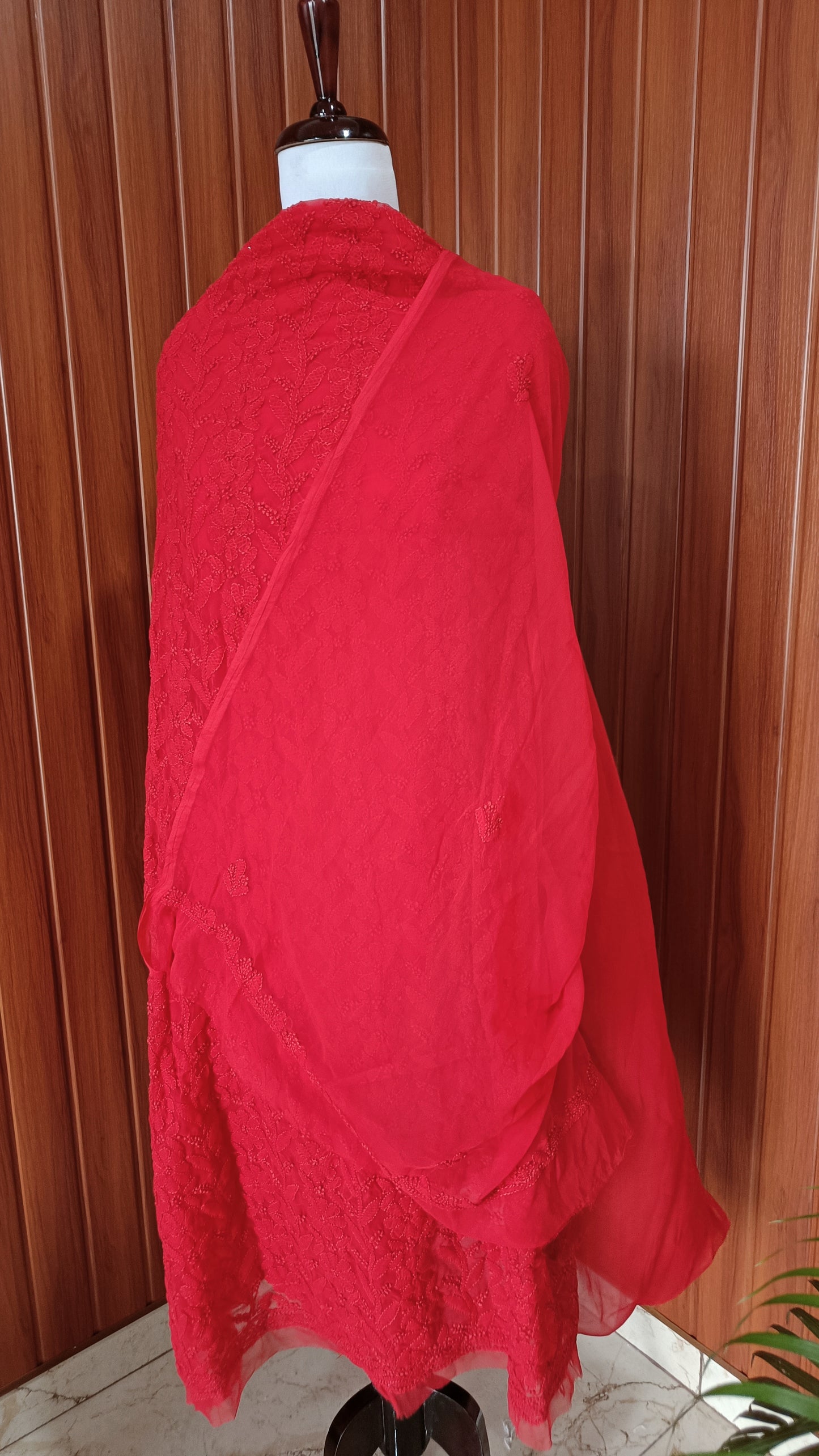 Red fine Chikankari semi georgette full suit