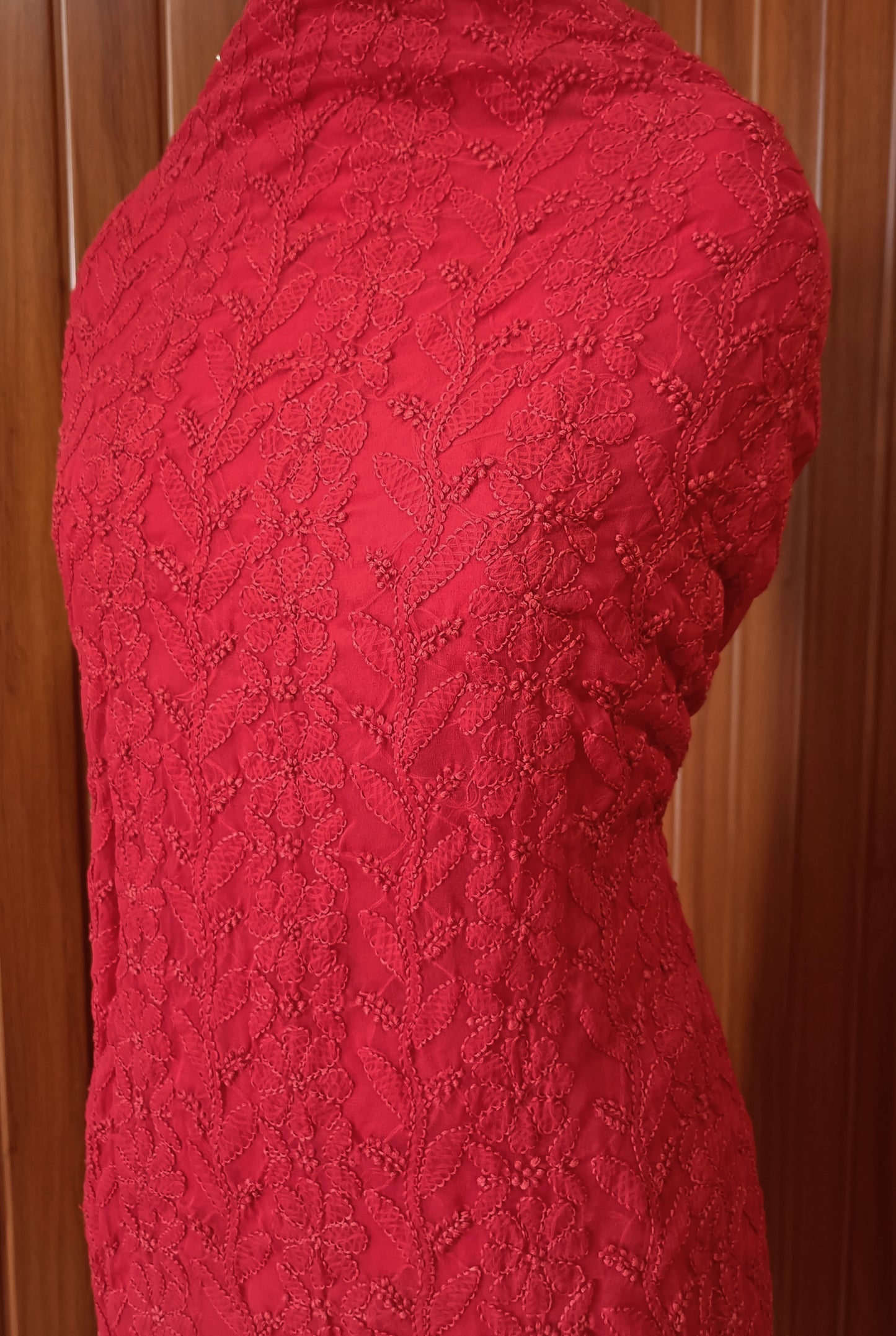 Red fine Chikankari semi georgette full suit