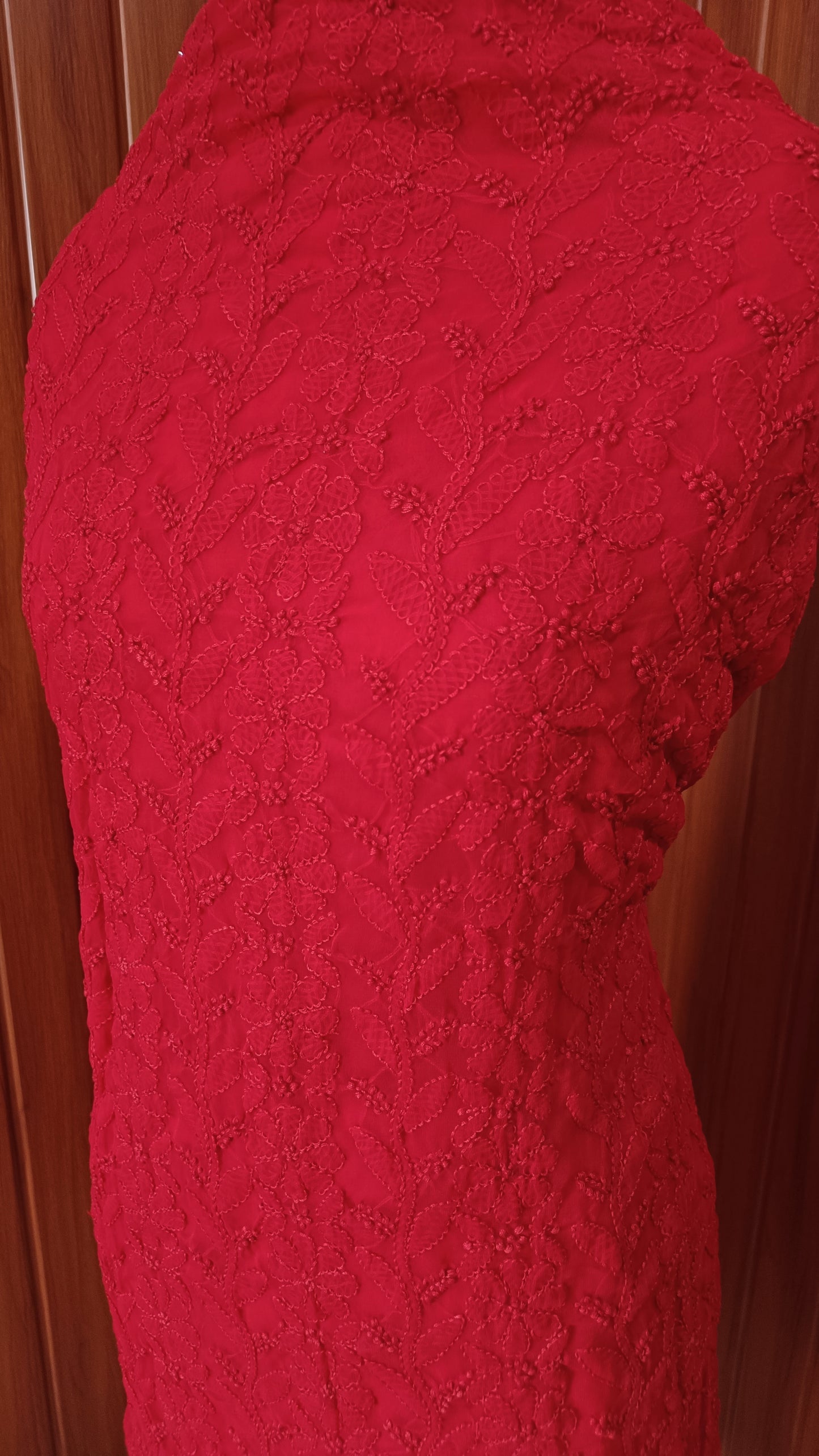 Red fine Chikankari semi georgette full suit