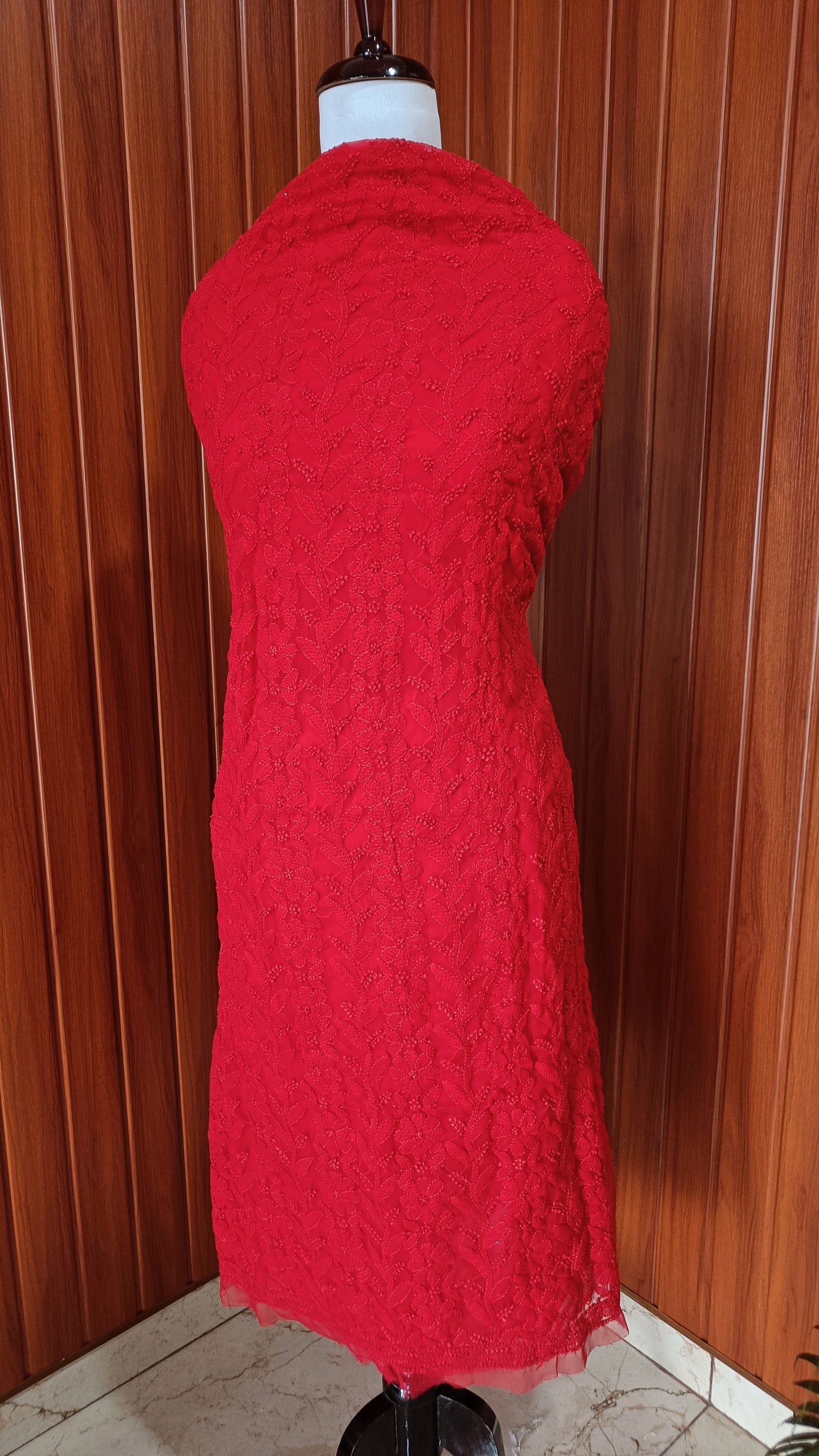 Red fine Chikankari semi georgette full suit