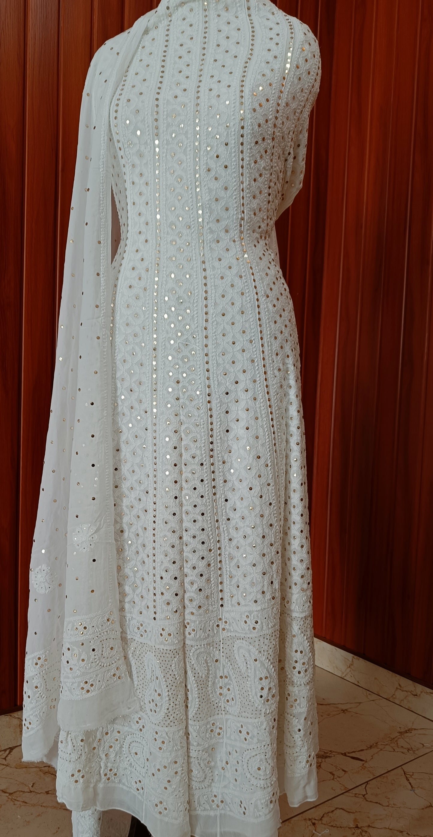 White allover Chikankari and heavy mukaish anarkali with dupatta