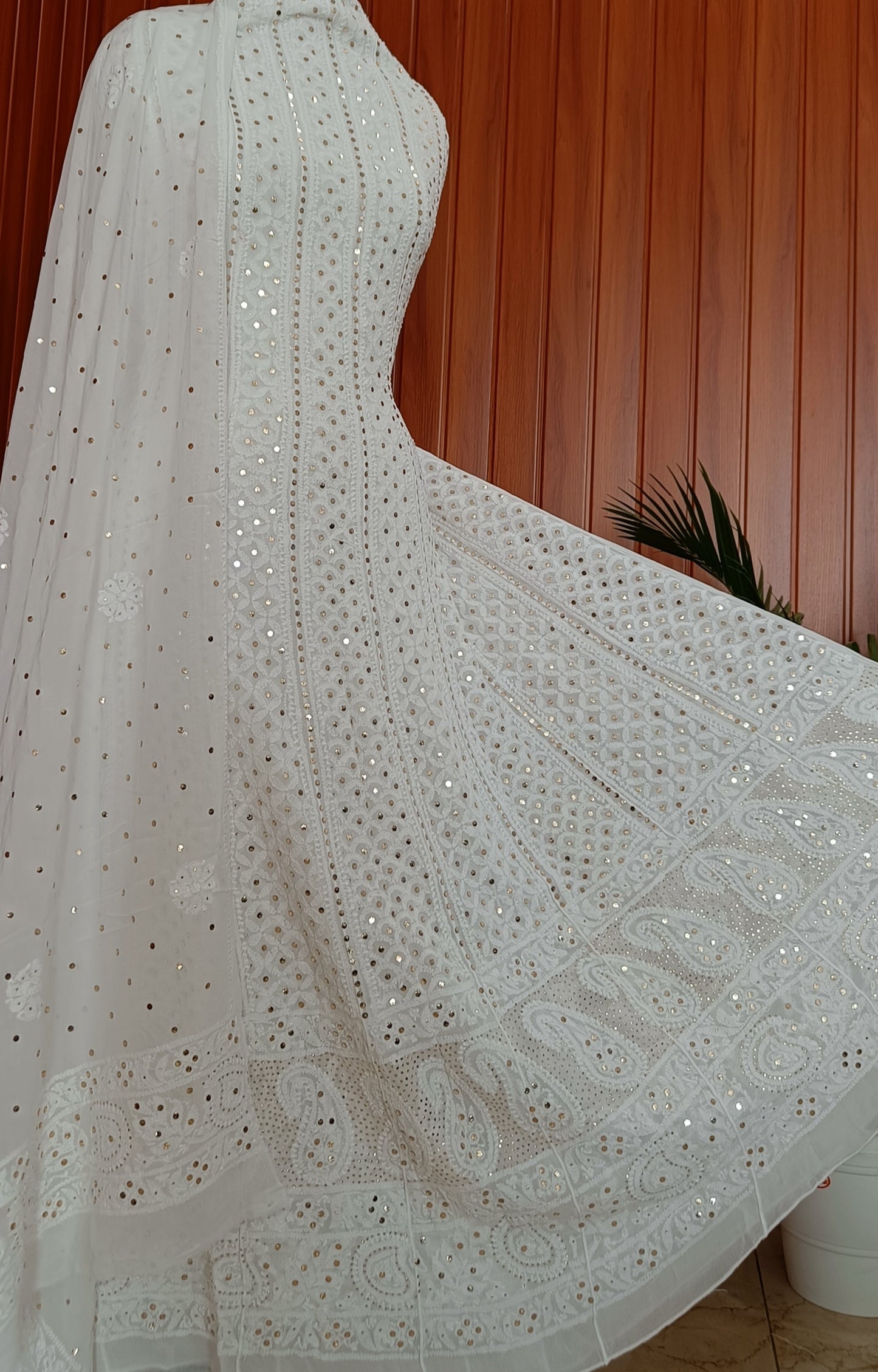 White allover Chikankari and heavy mukaish anarkali with dupatta