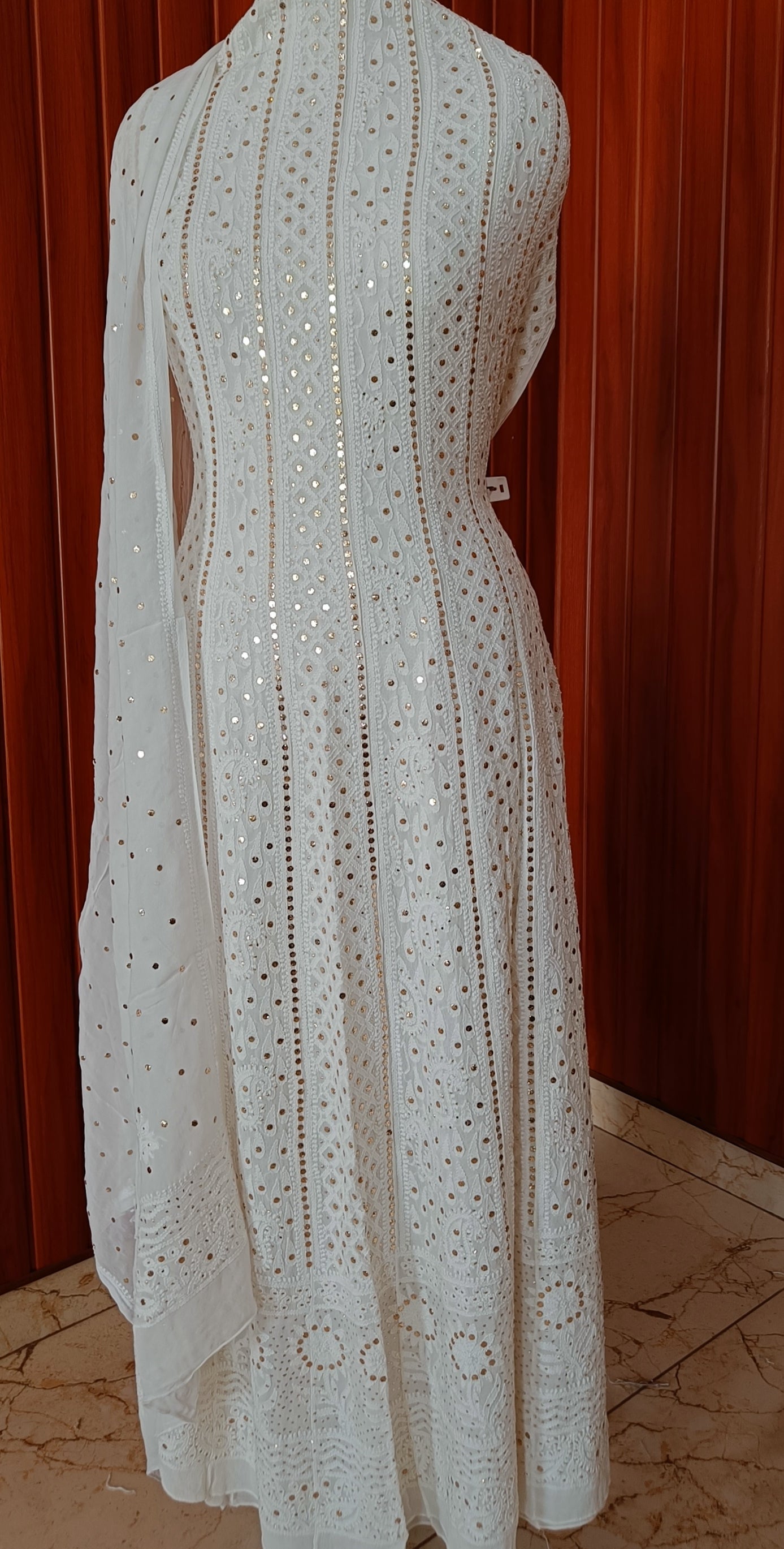 White allover Chikankari and heavy mukaish anarkali with dupatta