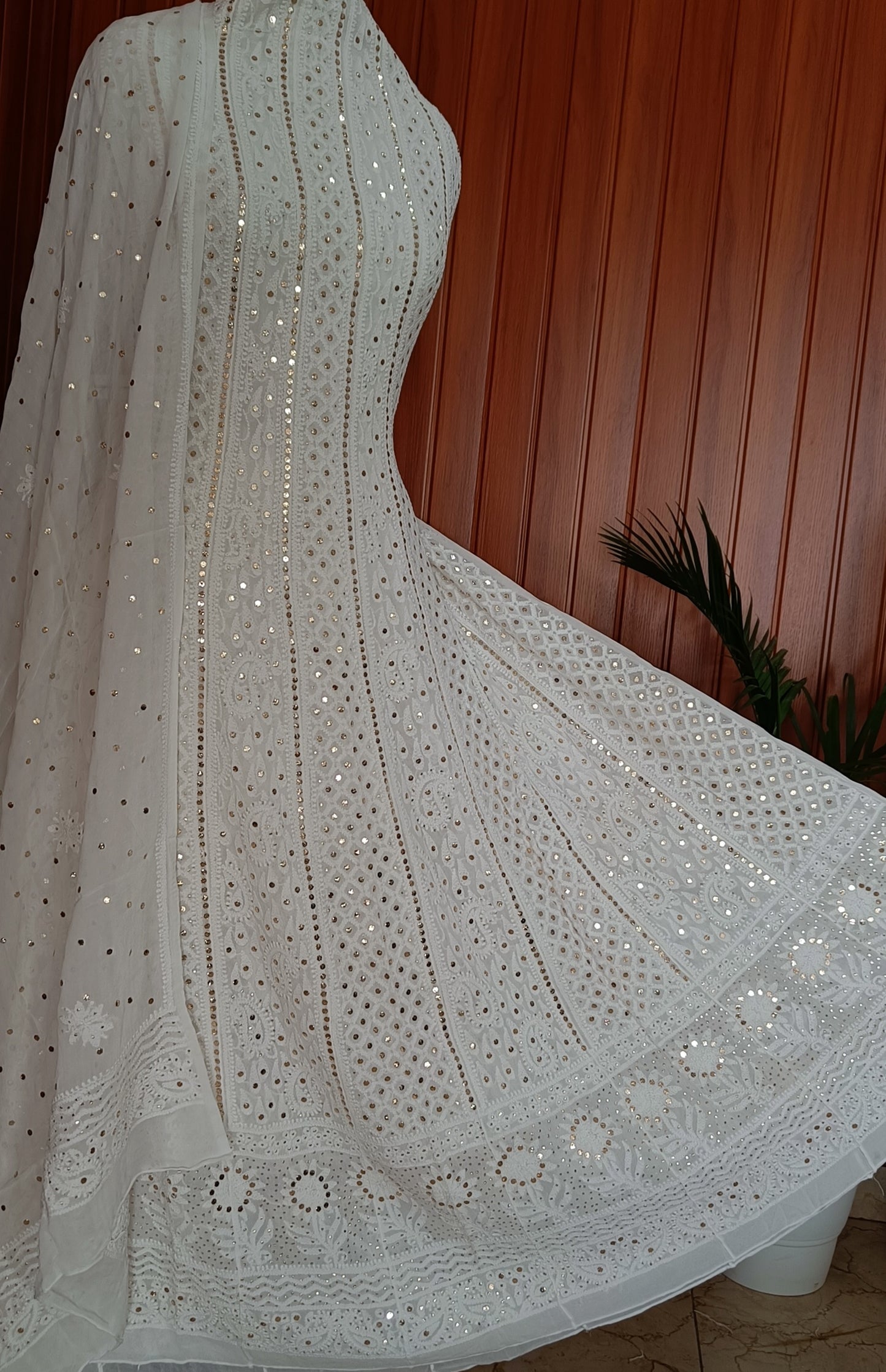 White allover Chikankari and heavy mukaish anarkali with dupatta