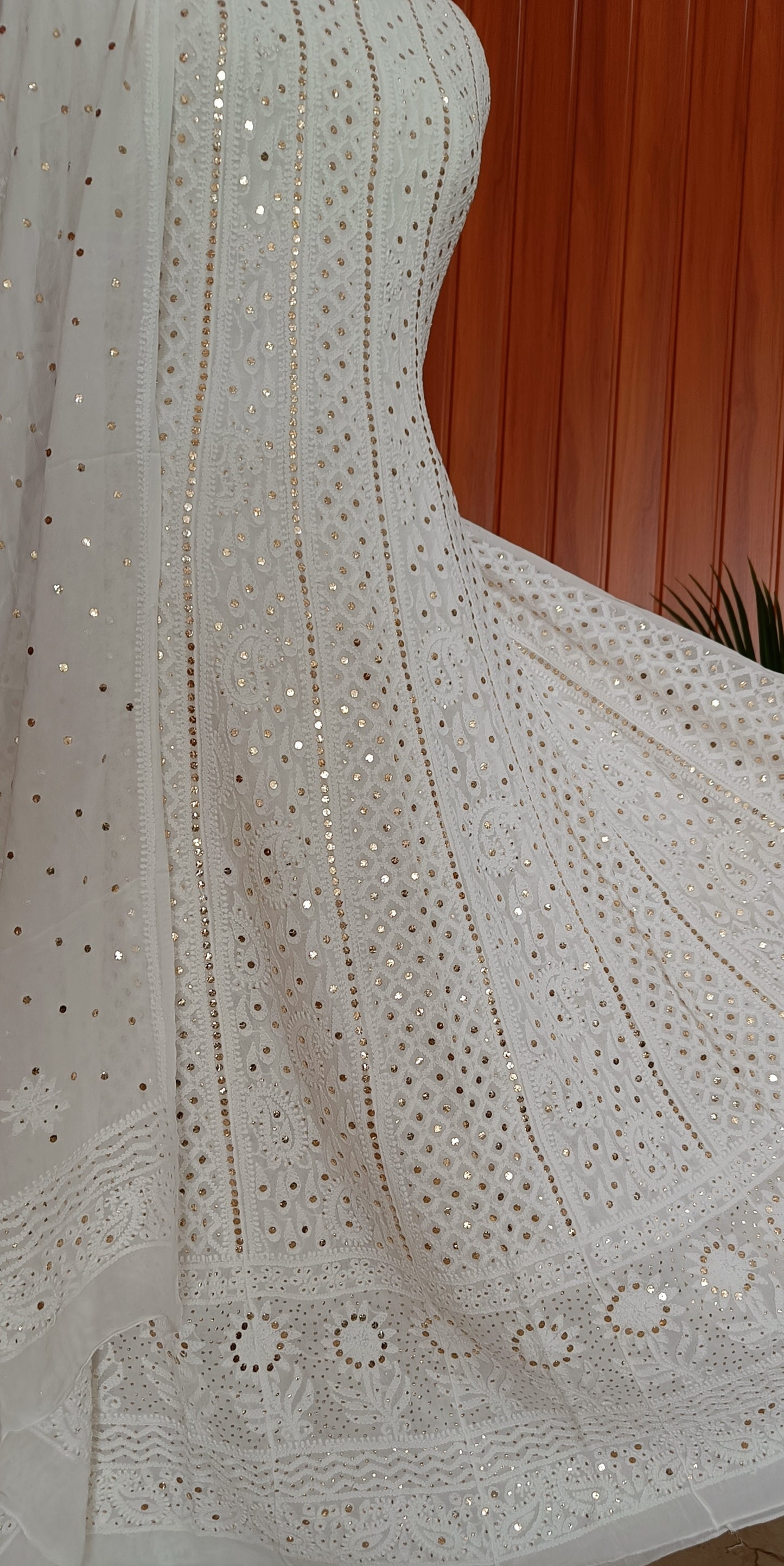 White allover Chikankari and heavy mukaish anarkali with dupatta