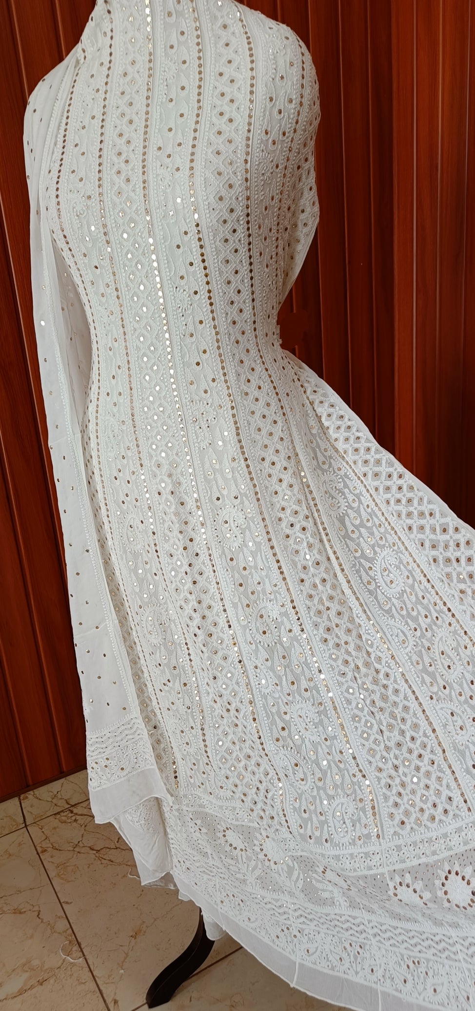 White allover Chikankari and heavy mukaish anarkali with dupatta
