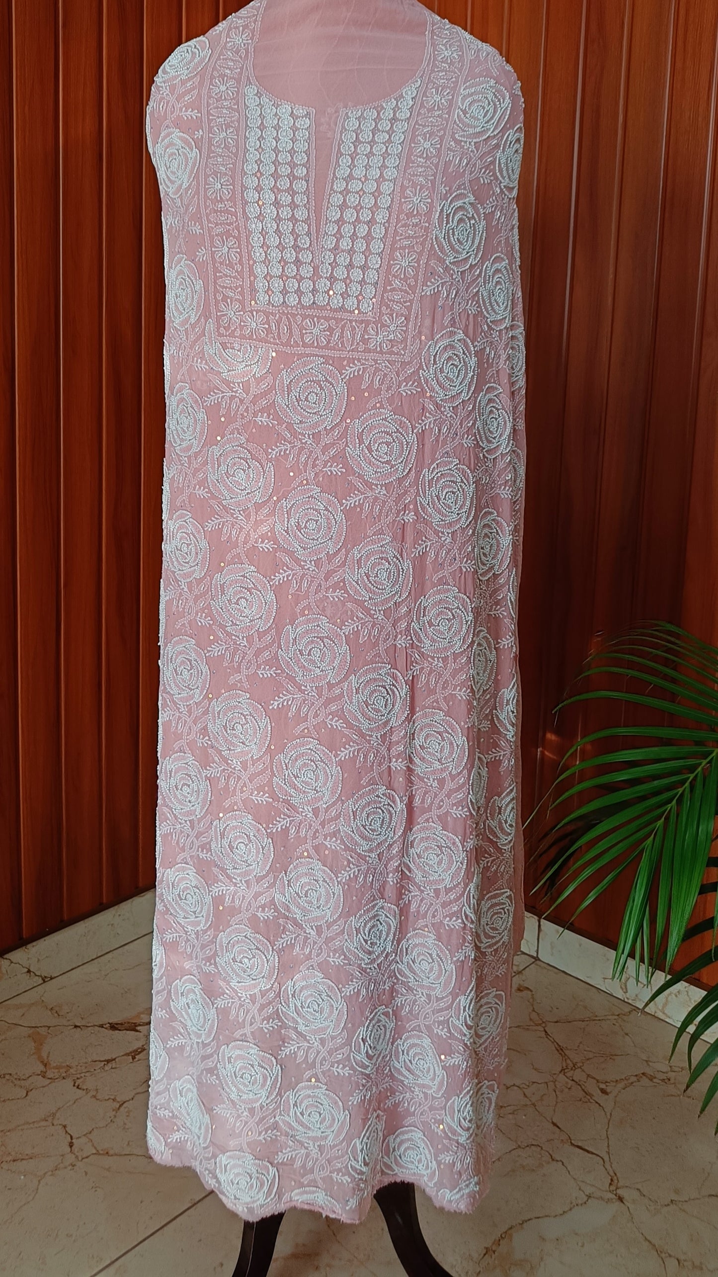 Pink fine Chikankari pearl sequins Kurta and Dupatta