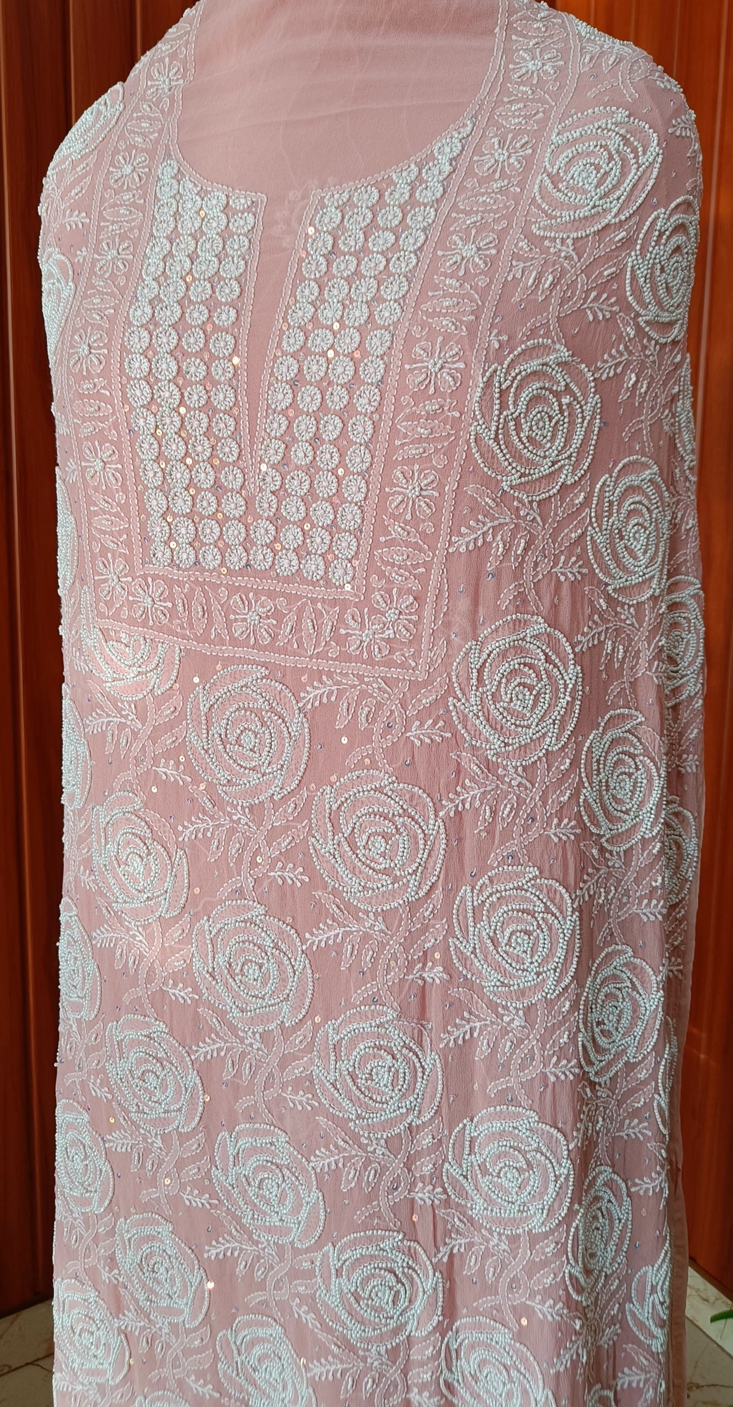 Pink fine Chikankari pearl sequins Kurta and Dupatta