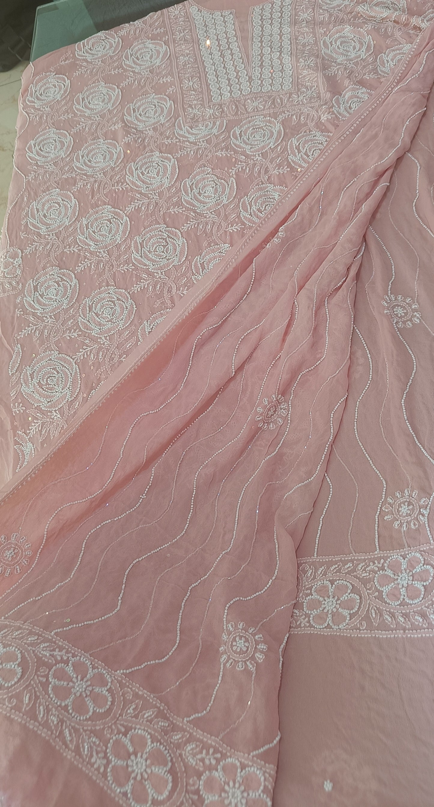 Pink fine Chikankari pearl sequins Kurta and Dupatta