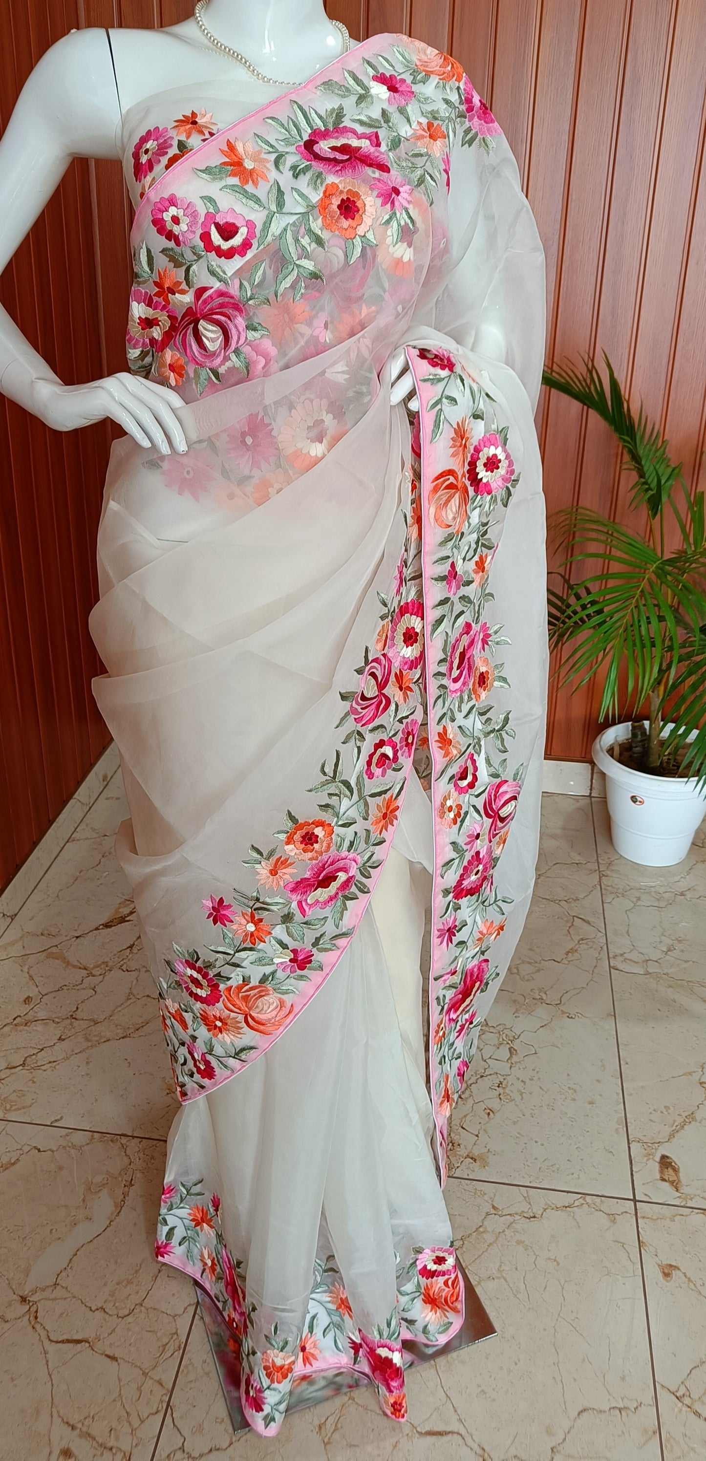 White Pure Organza Parsi Gara Hand Embroidered Saree with heavy embroidered blouse