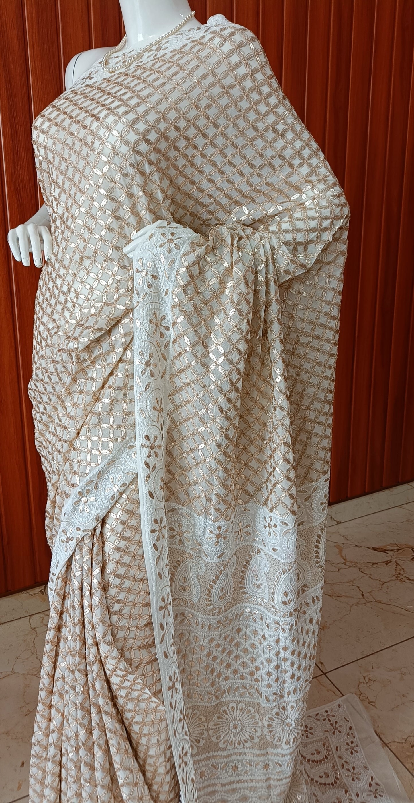 Ruhani Ivory Chikankari and Gota Patti Saree
