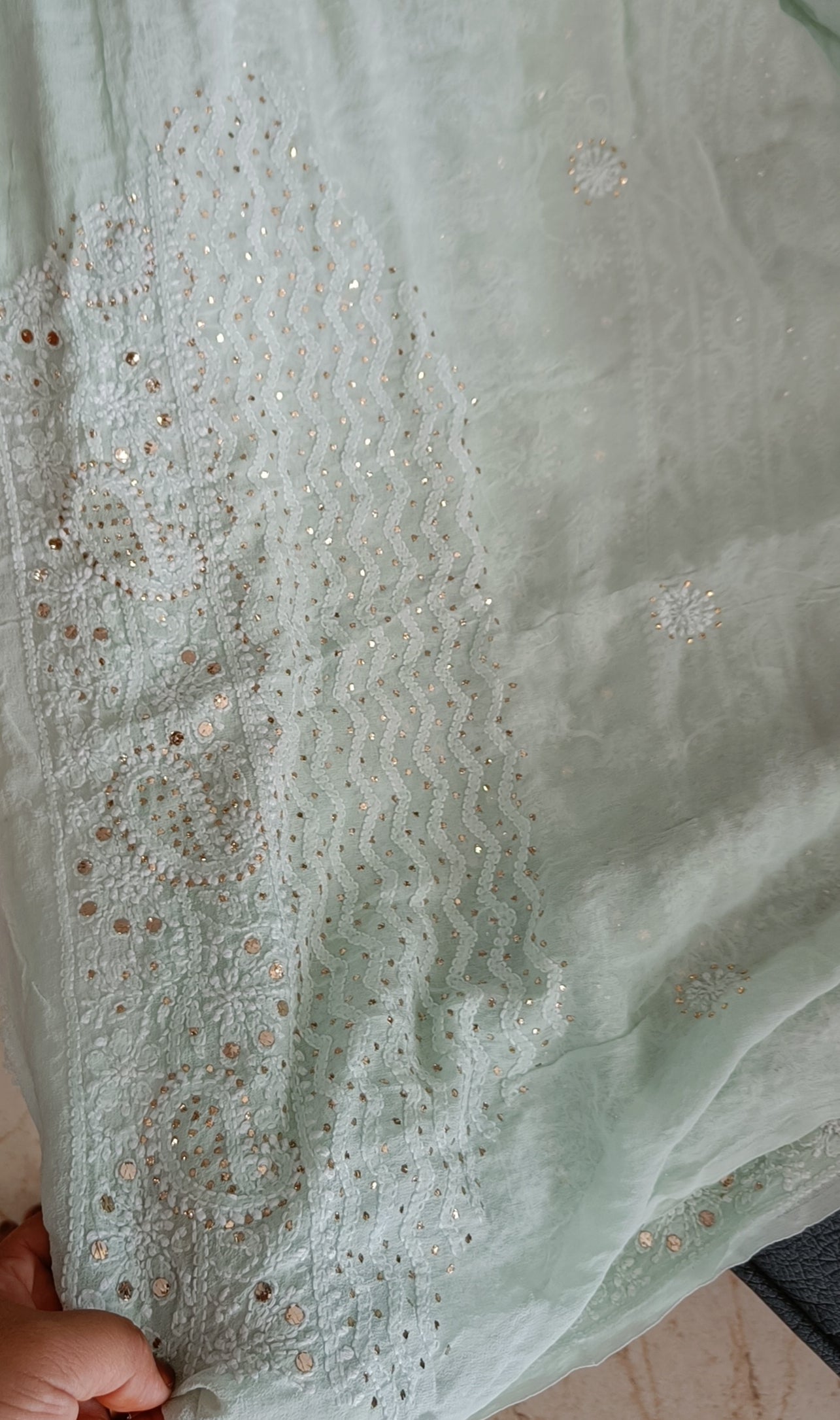 Mint Green Ruhani allover Chikankari and Heavy Mukaish Saree