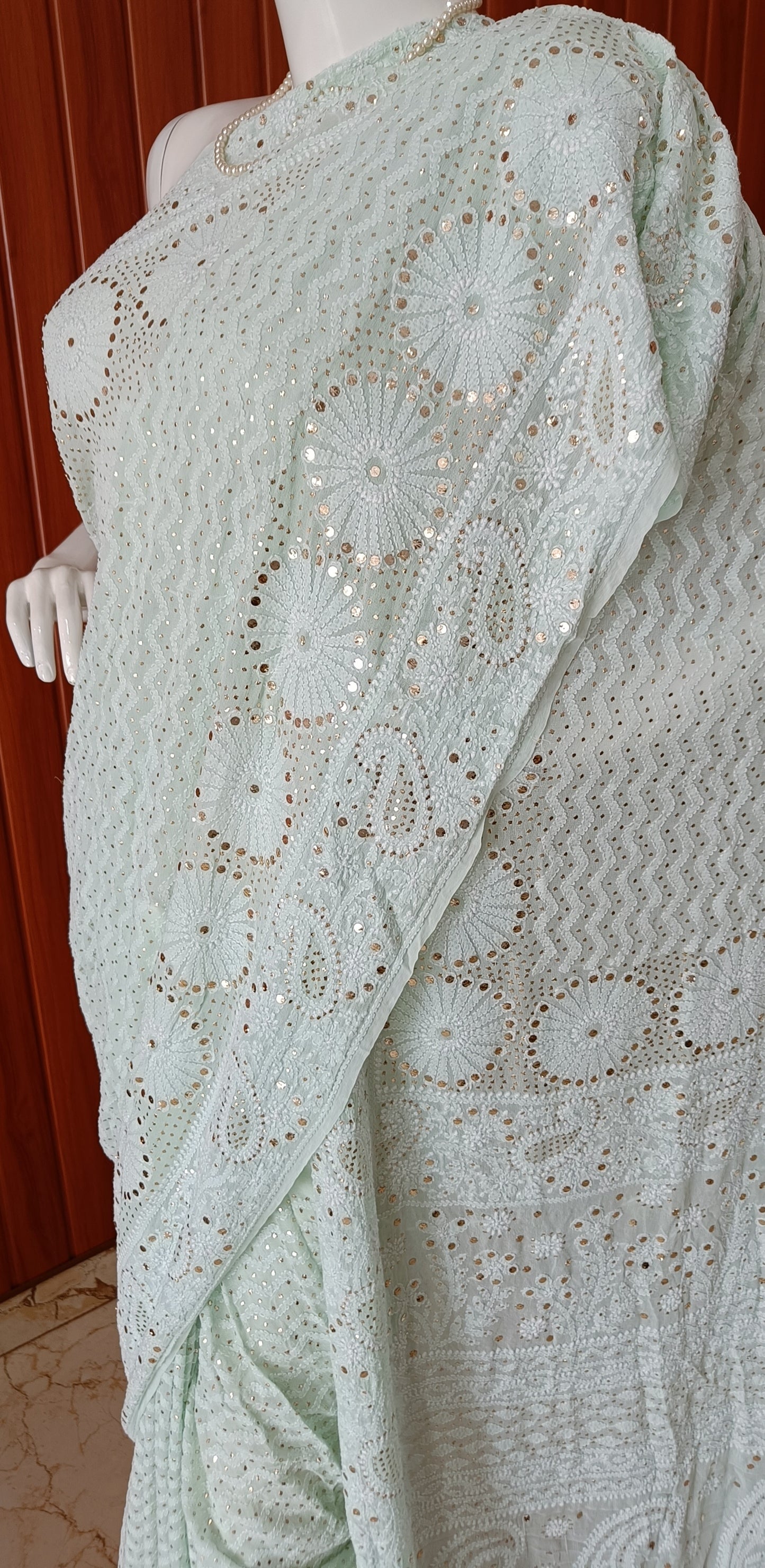 Mint Green Ruhani allover Chikankari and Heavy Mukaish Saree