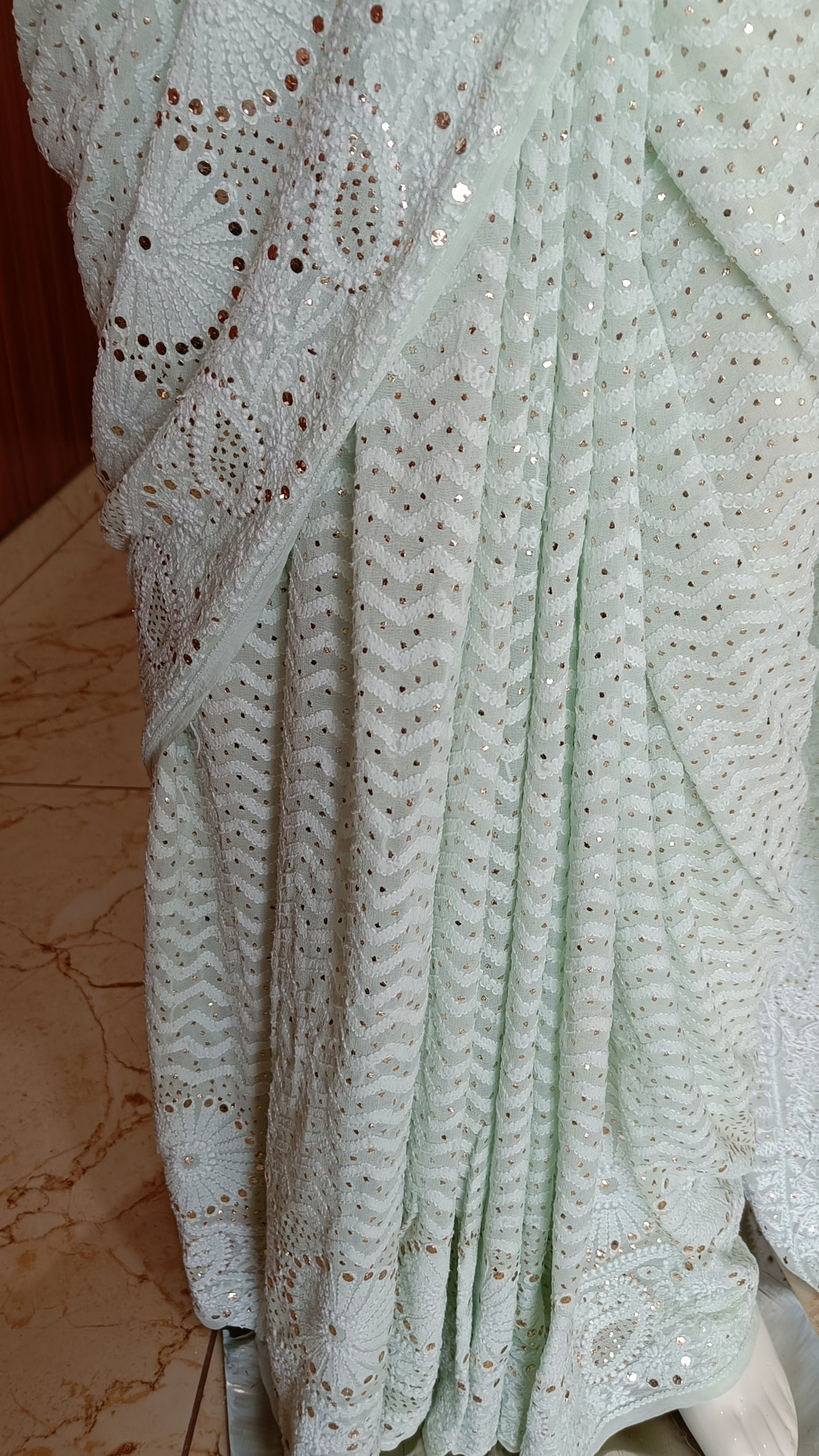 Mint Green Ruhani allover Chikankari and Heavy Mukaish Saree