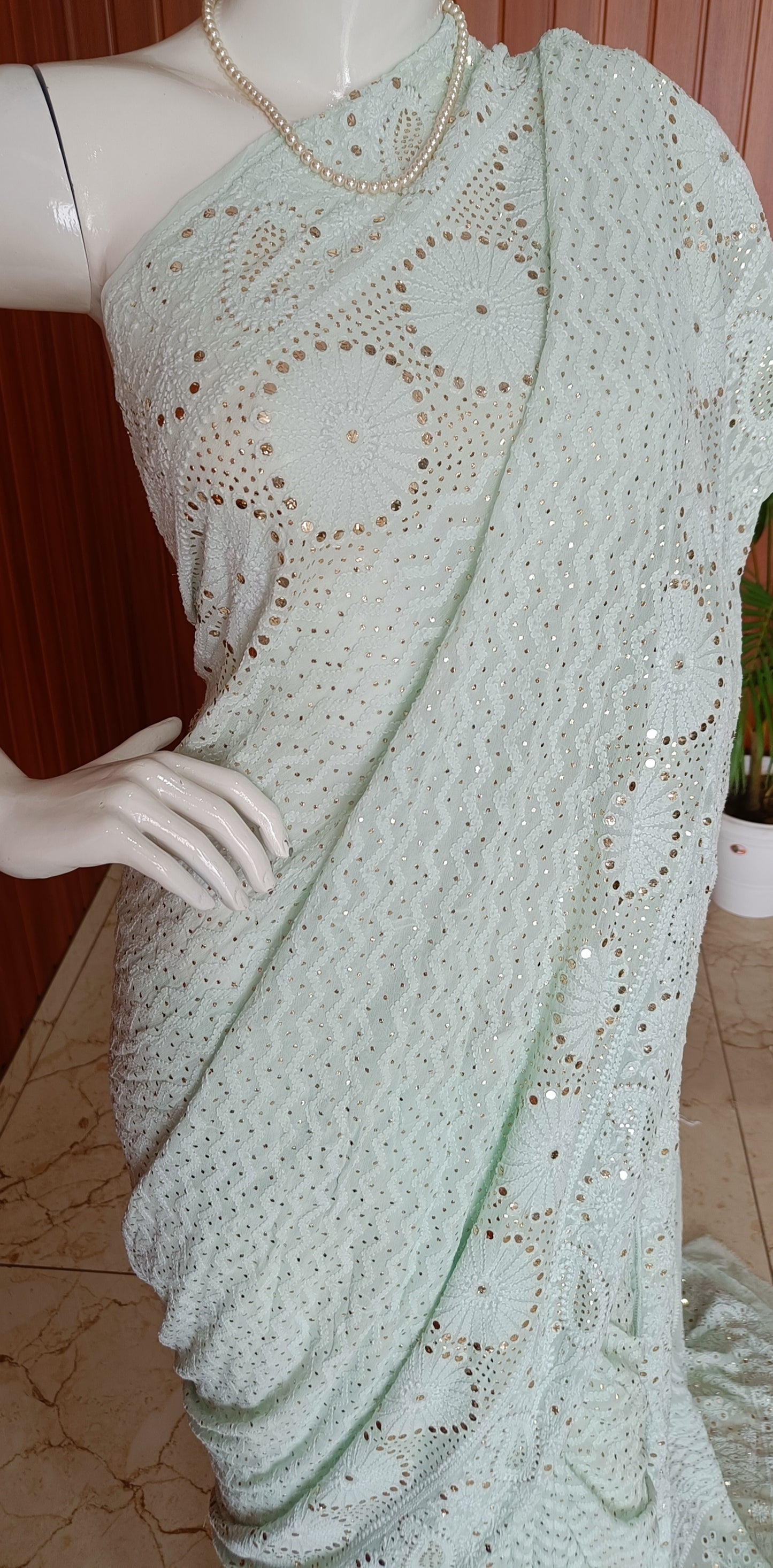 Mint Green Ruhani allover Chikankari and Heavy Mukaish Saree