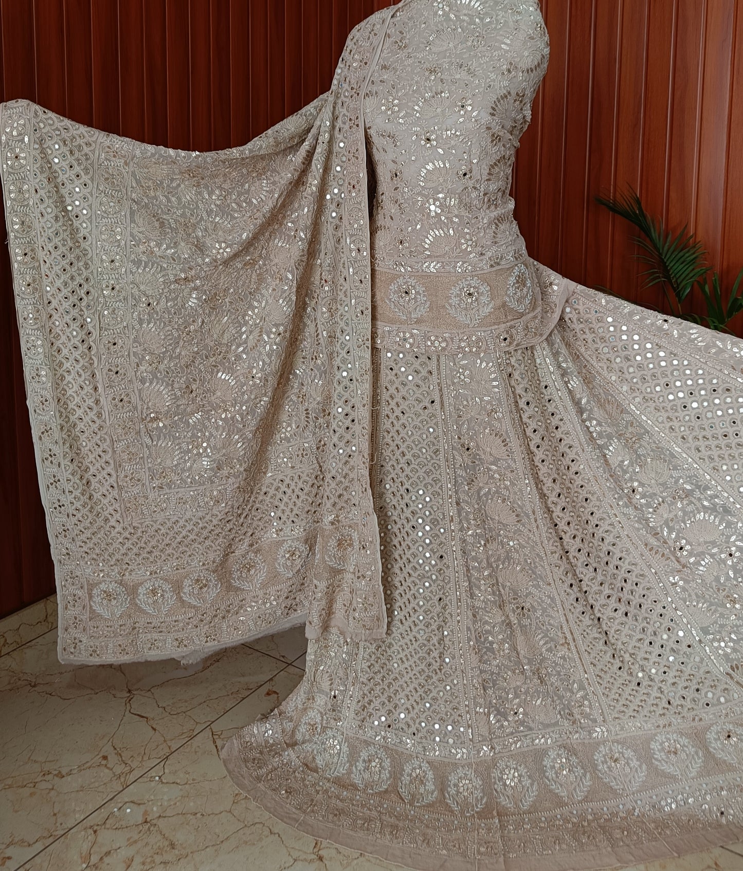 Nude Brown Chikankari Mirror and Gota Patti Georgette Lehenga Set