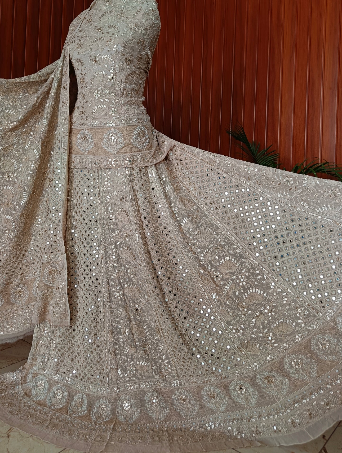 Nude Brown Chikankari Mirror and Gota Patti Georgette Lehenga Set