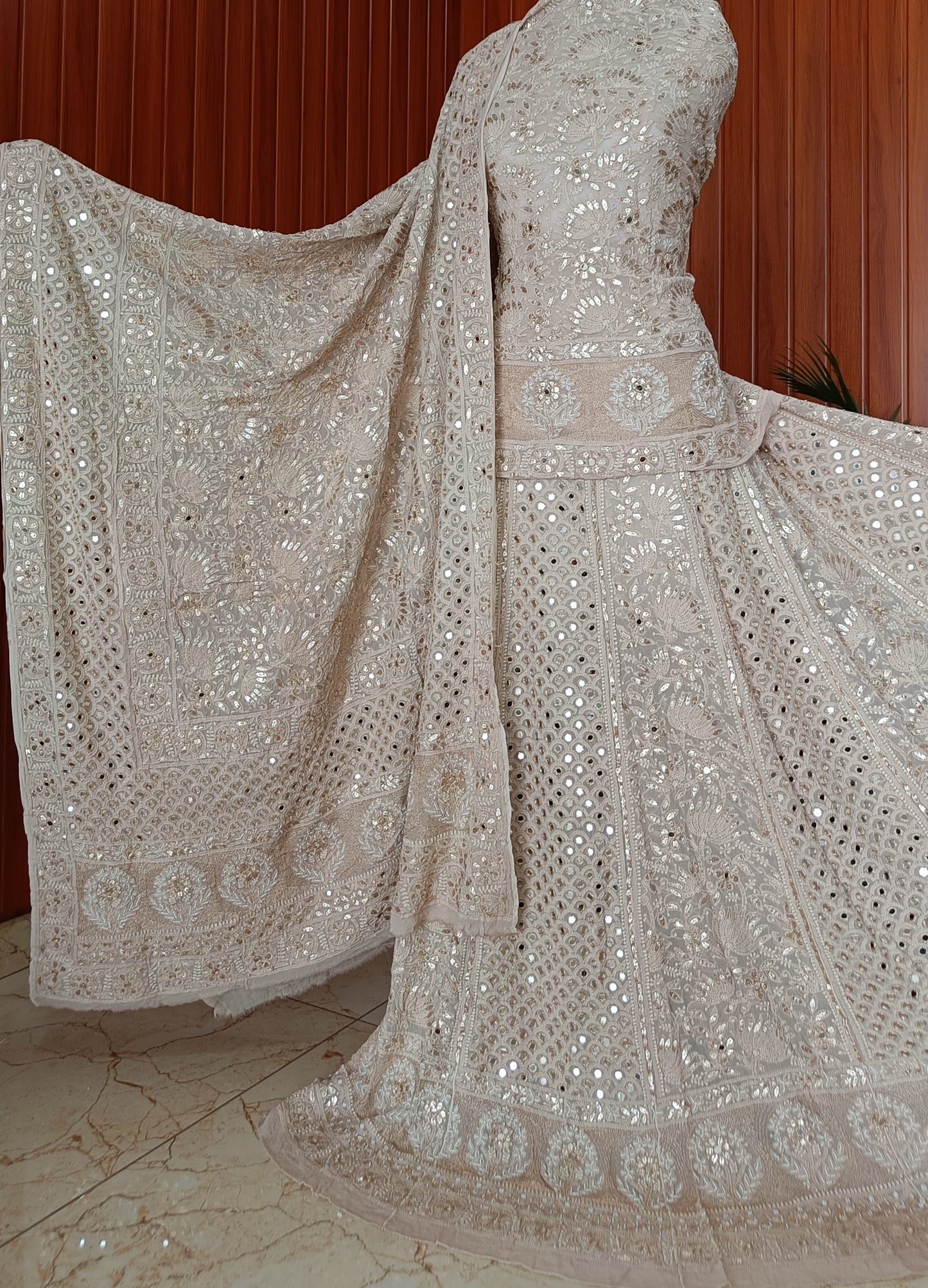 Nude Brown Chikankari Mirror and Gota Patti Georgette Lehenga Set
