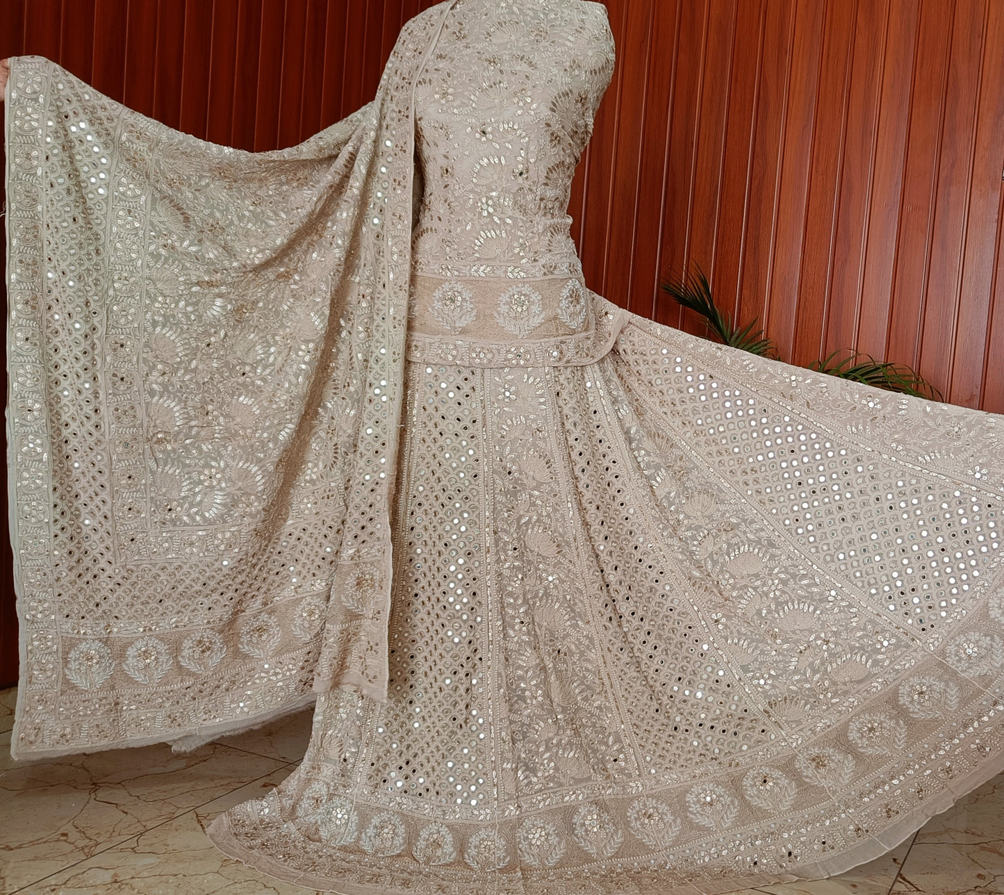Nude Brown Chikankari Mirror and Gota Patti Georgette Lehenga Set