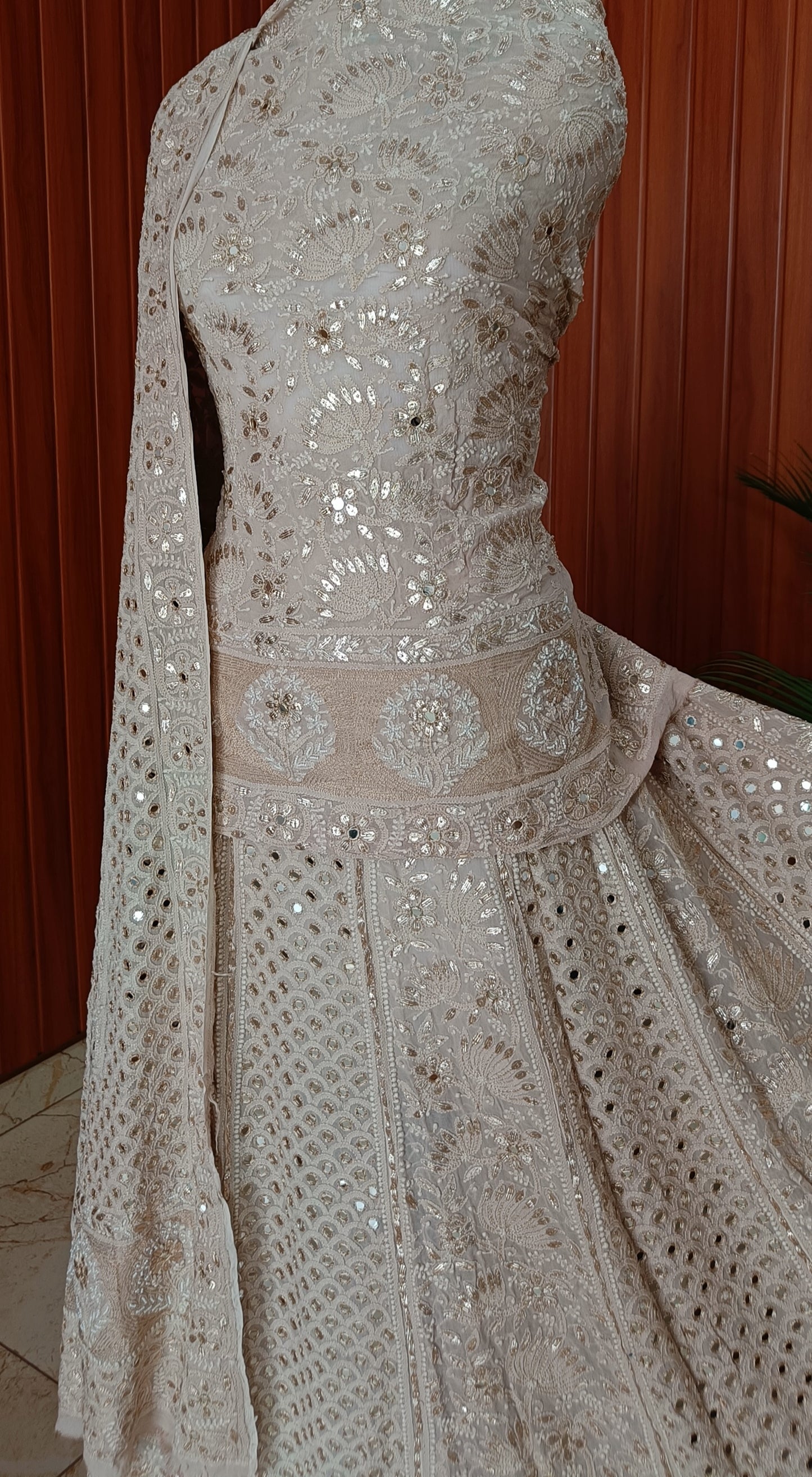 Nude Brown Chikankari Mirror and Gota Patti Georgette Lehenga Set
