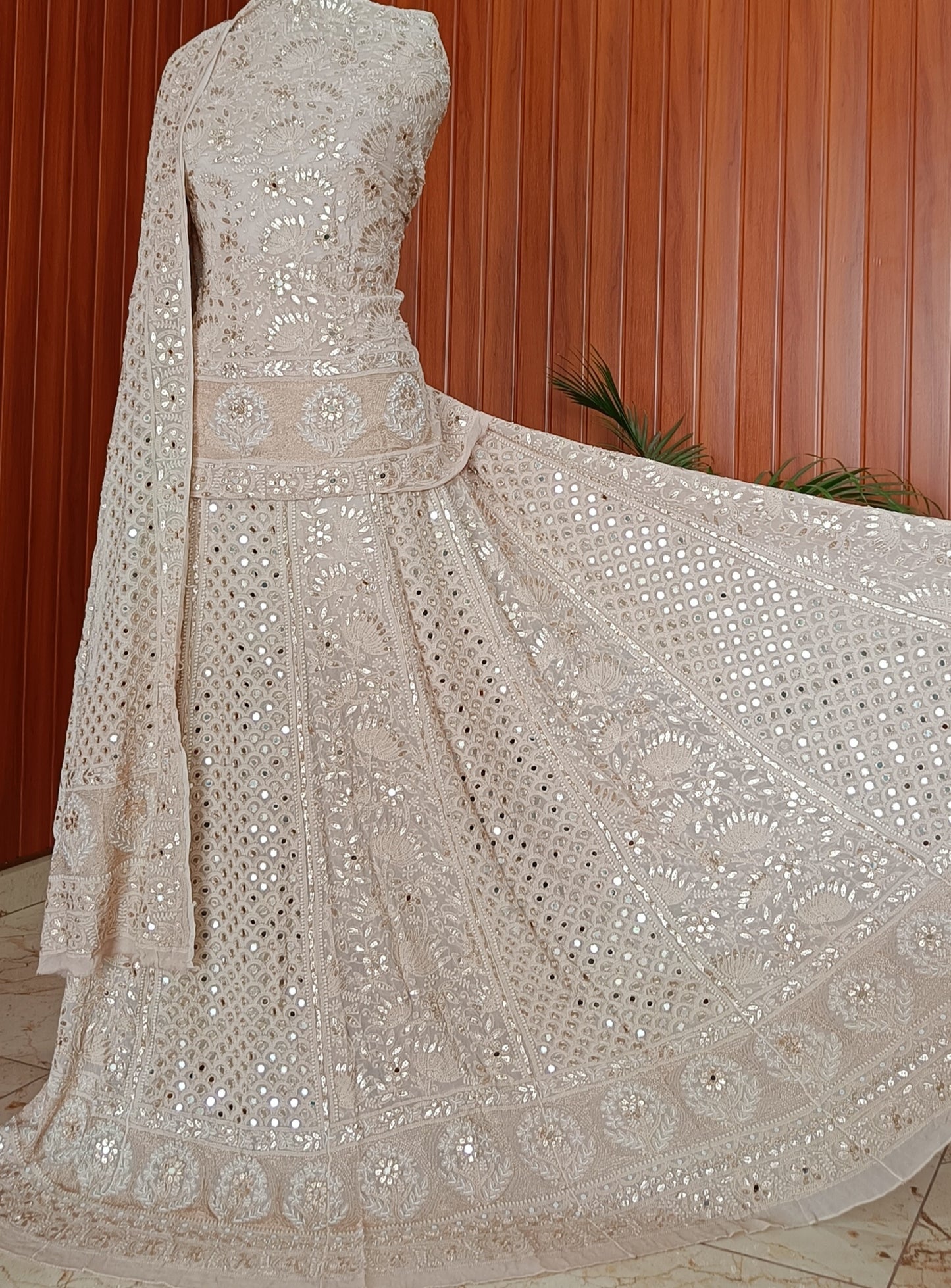 Nude Brown Chikankari Mirror and Gota Patti Georgette Lehenga Set