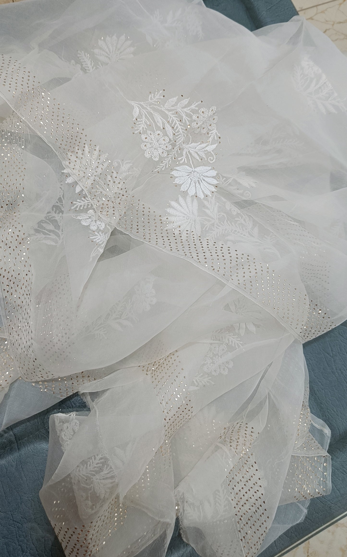 Pure Organza Allover Chikankari motifs and mukaish dupatta
