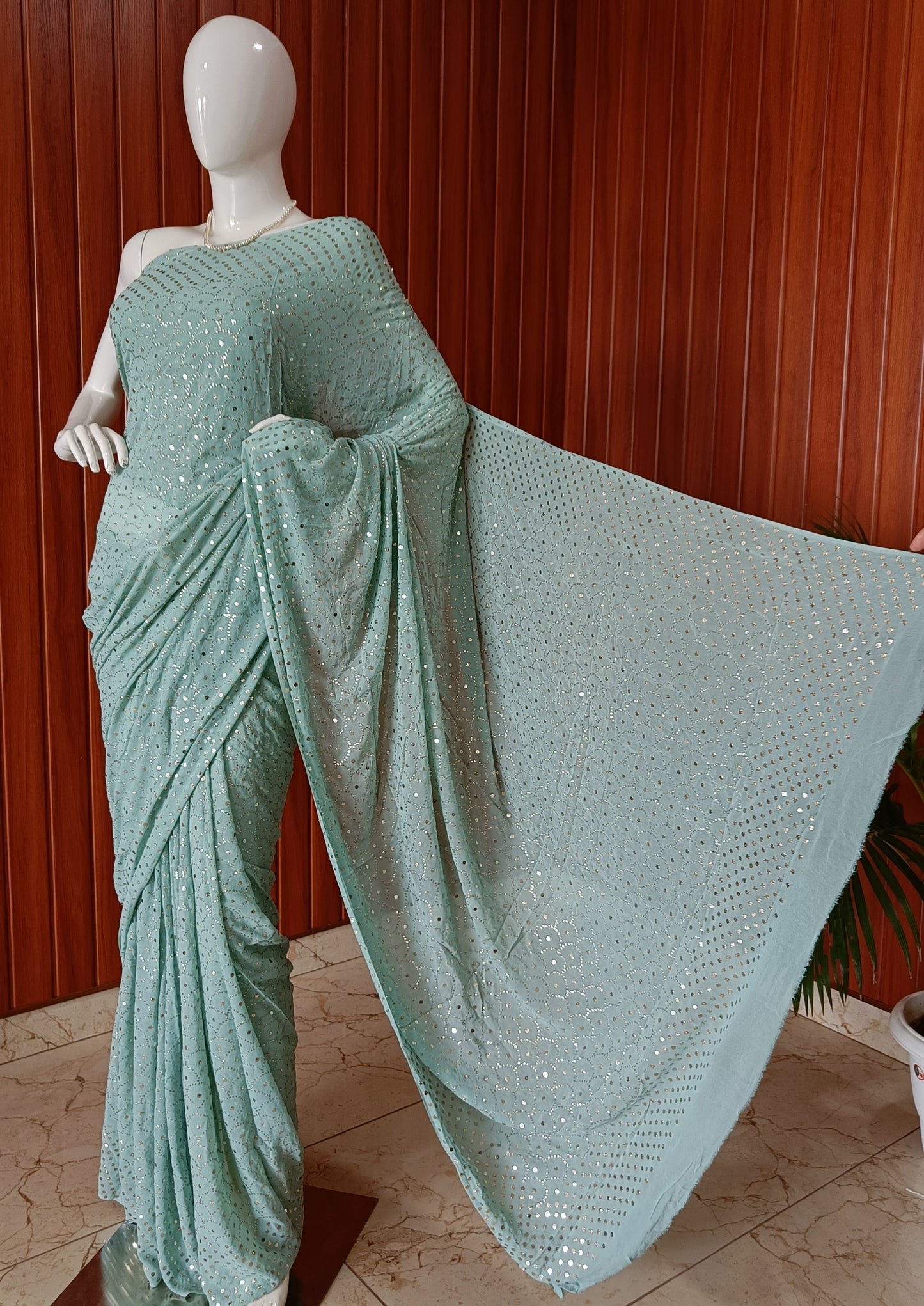 Ruhani Ocean Blue Allover Mukaish Pure Georgette Saree