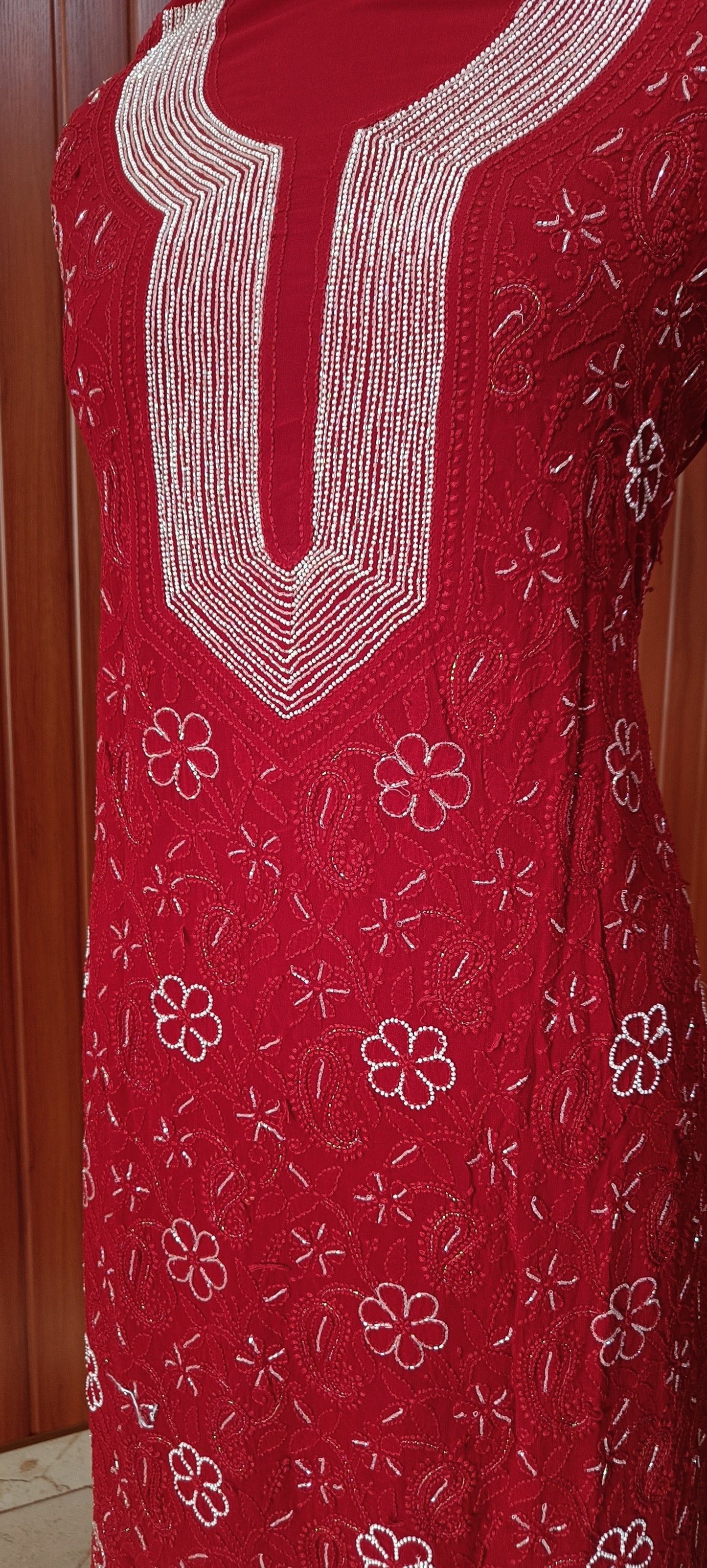 Red Chikankari Pearl Beads and Cut Dana Kurta and Dupatta