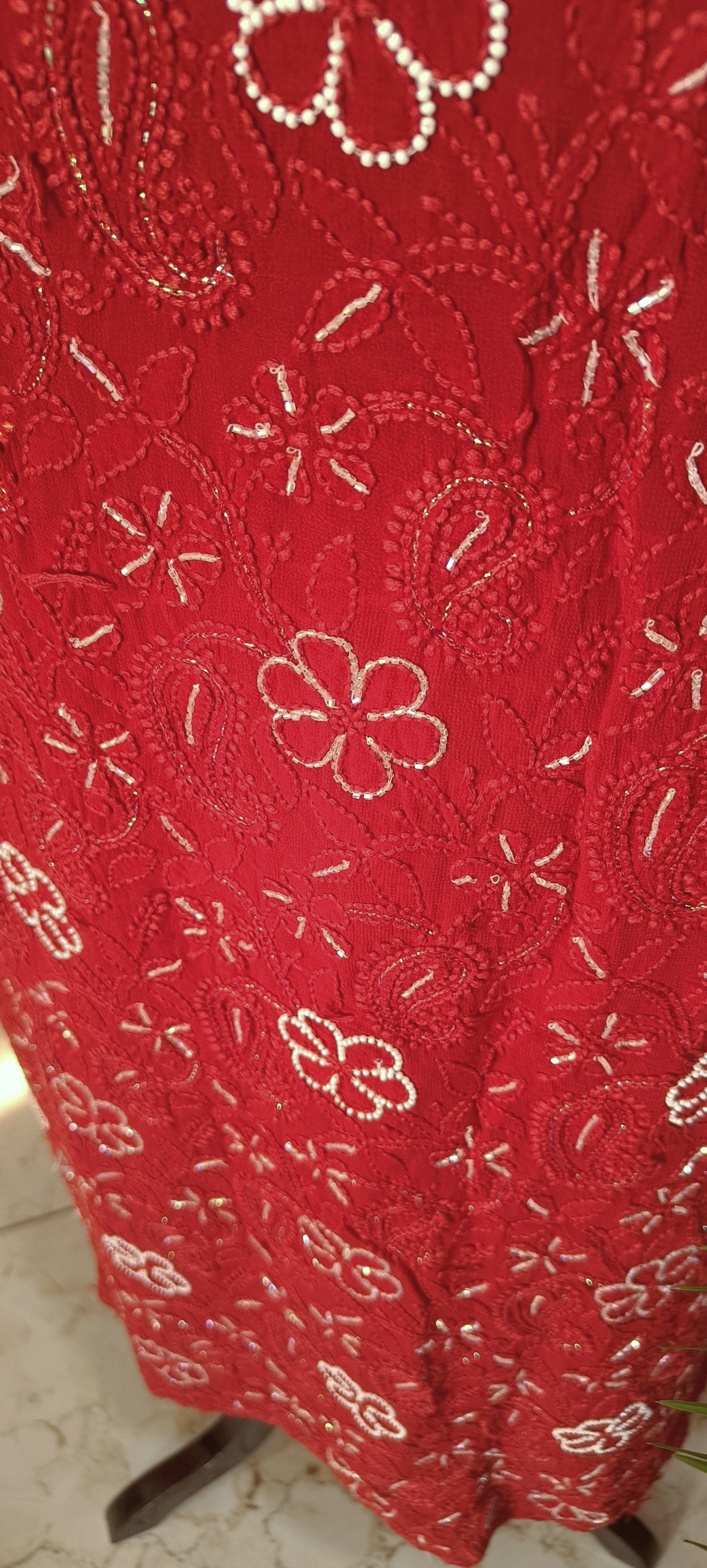 Red Chikankari Pearl Beads and Cut Dana Kurta and Dupatta