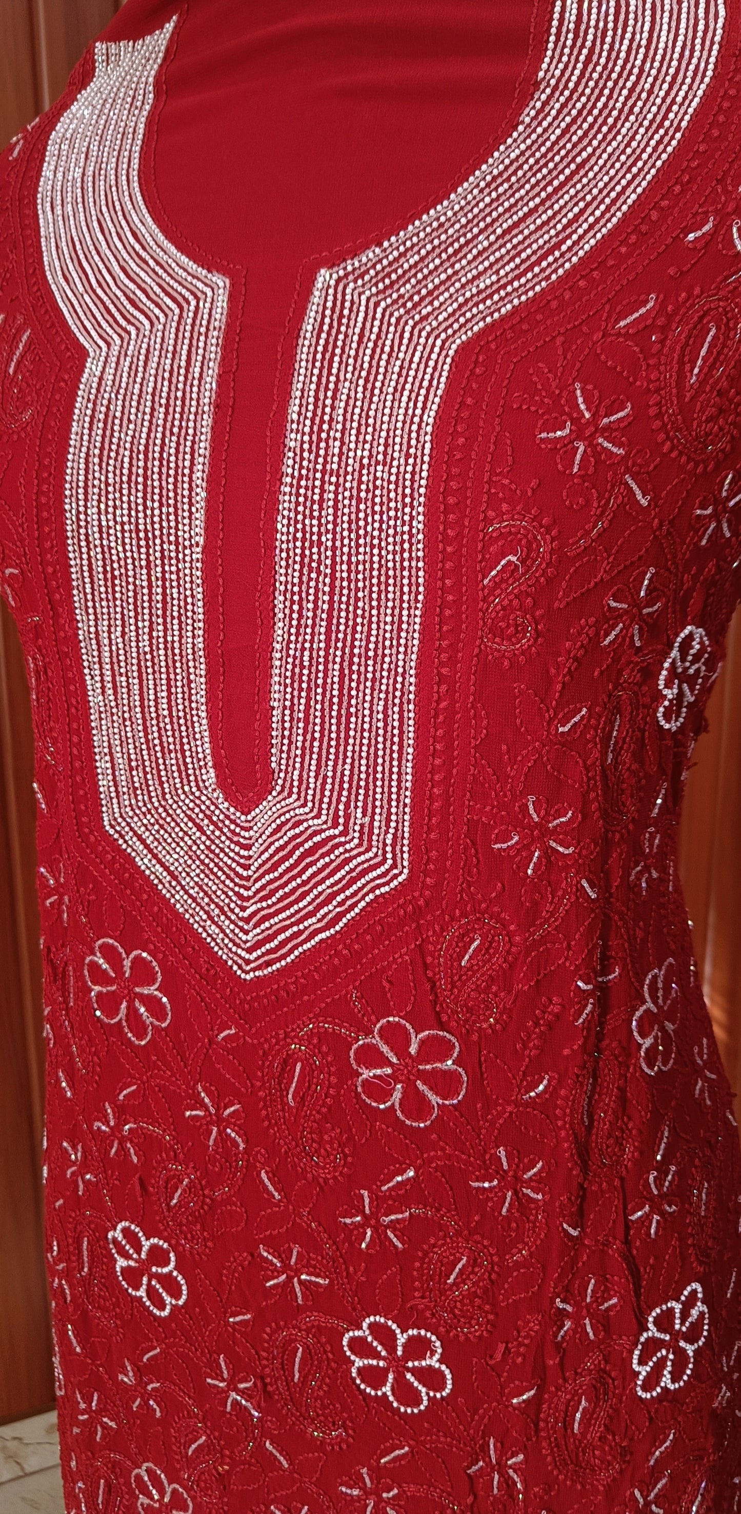 Red Chikankari Pearl Beads and Cut Dana Kurta and Dupatta