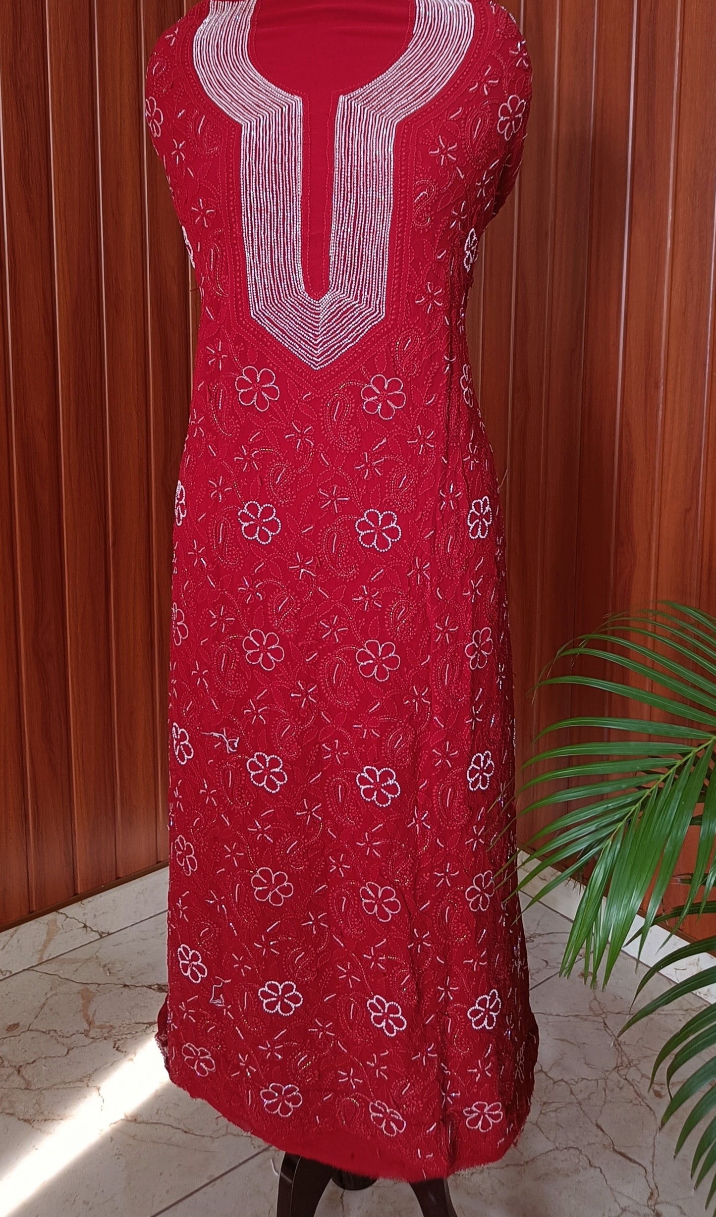 Red Chikankari Pearl Beads and Cut Dana Kurta and Dupatta