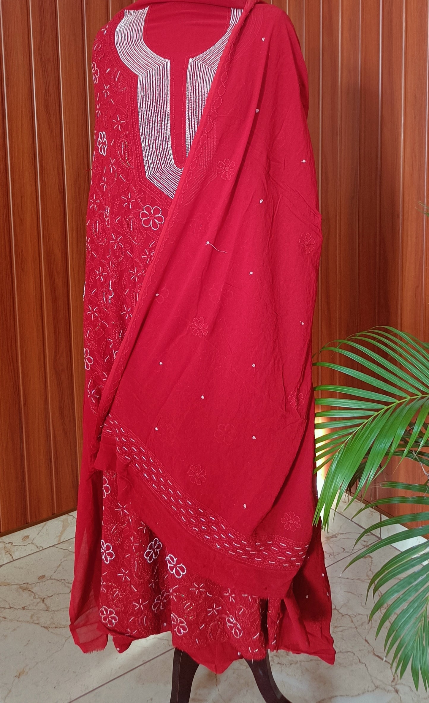 Red Chikankari Pearl Beads and Cut Dana Kurta and Dupatta