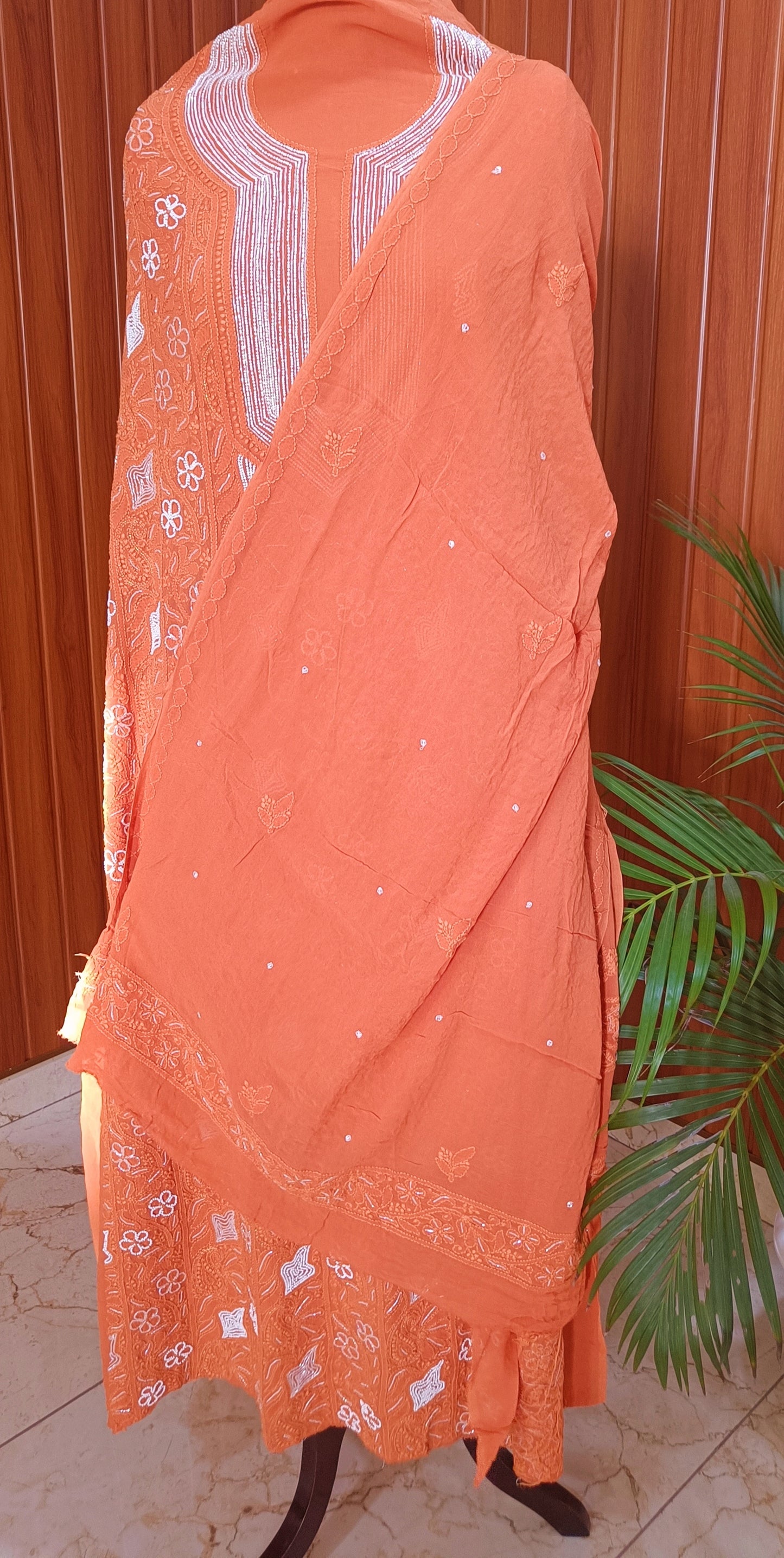 Orange Chikankari Pearl Beads and Cut Dana Kurta and Dupatta