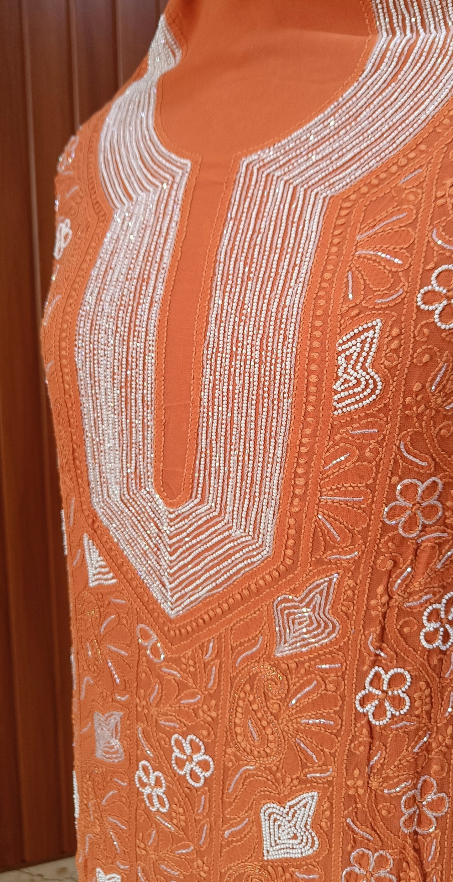 Orange Chikankari Pearl Beads and Cut Dana Kurta and Dupatta